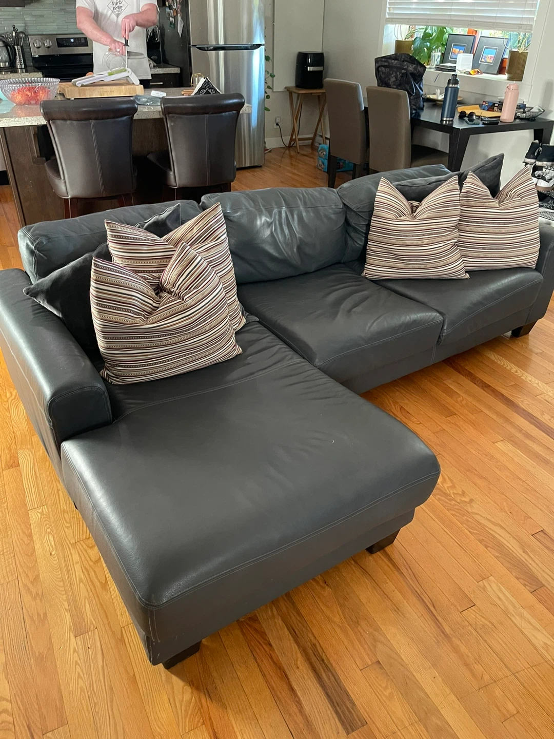 Roche Bobois Grey Leather Sectional Couch with Chaise