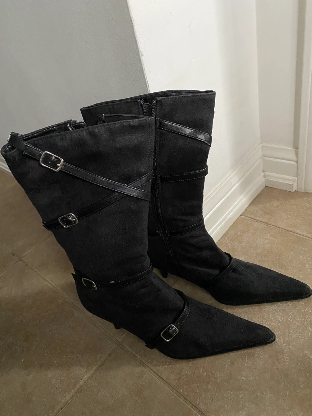 Black Suede Pointed Toe Knee-High Boots with Buckle Straps