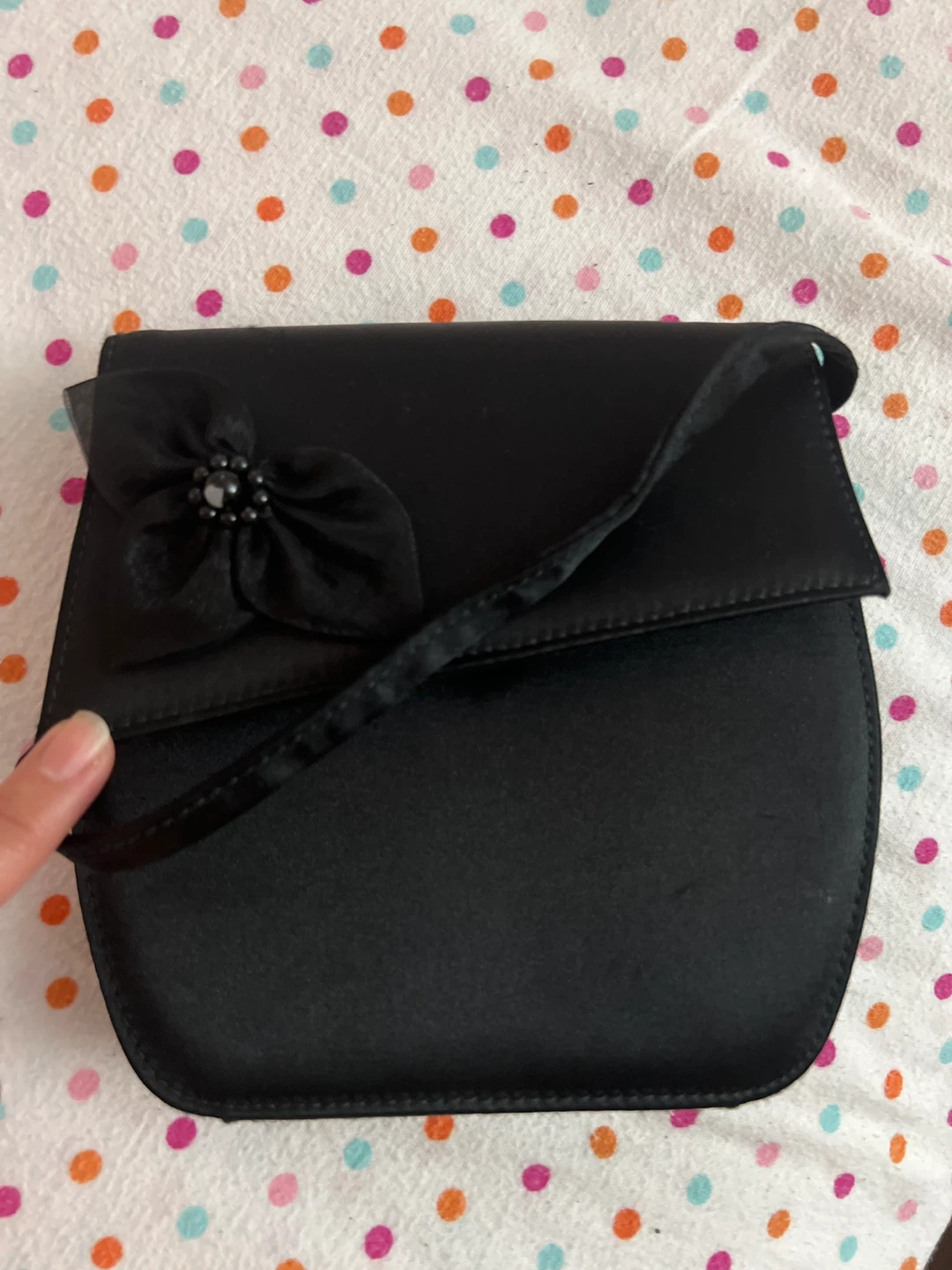 Black satin clutch purse with flower detail - photo 2