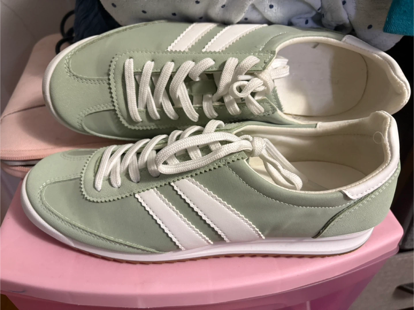 Light Green Sneakers with White Stripes