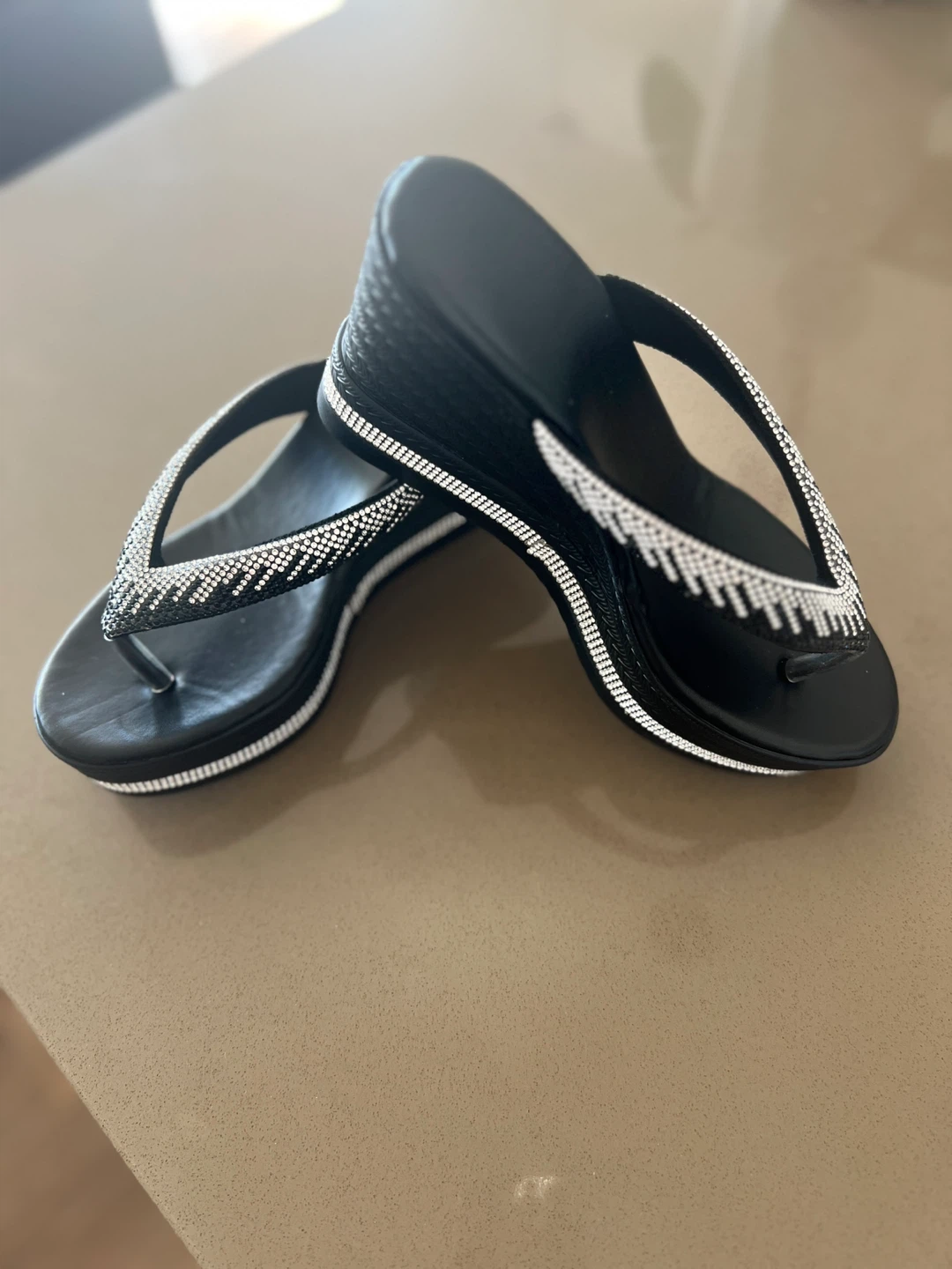 Black Wedge Flip Flops with Rhinestones Size 36