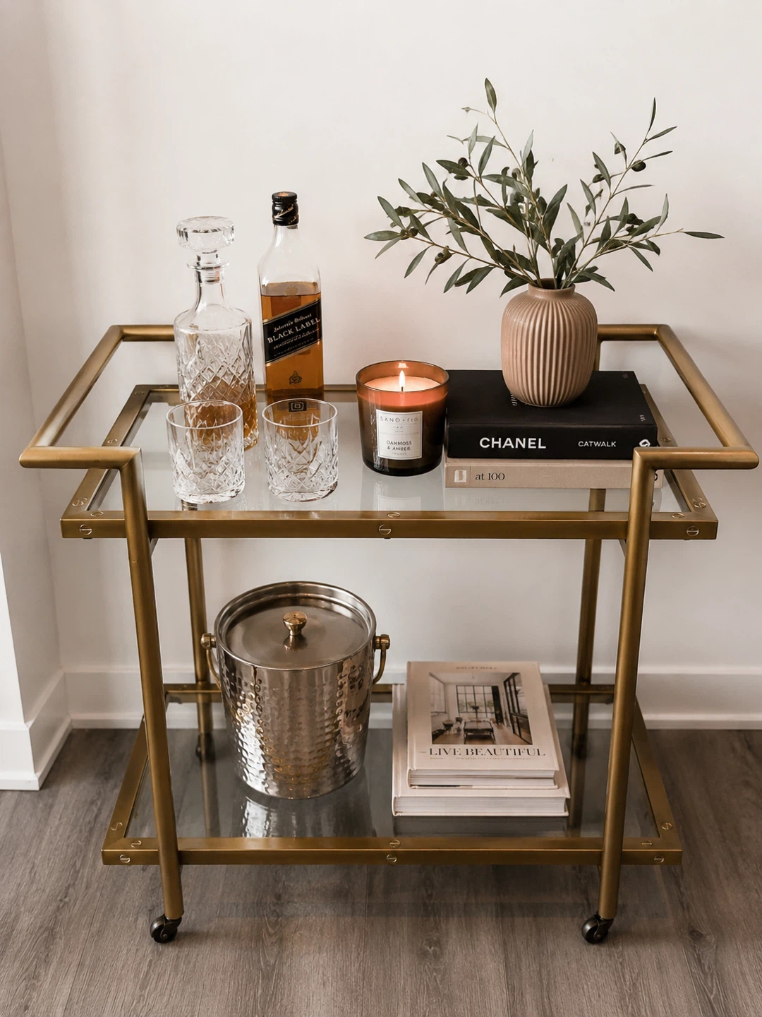 Gold Bar Cart with Glass Shelves