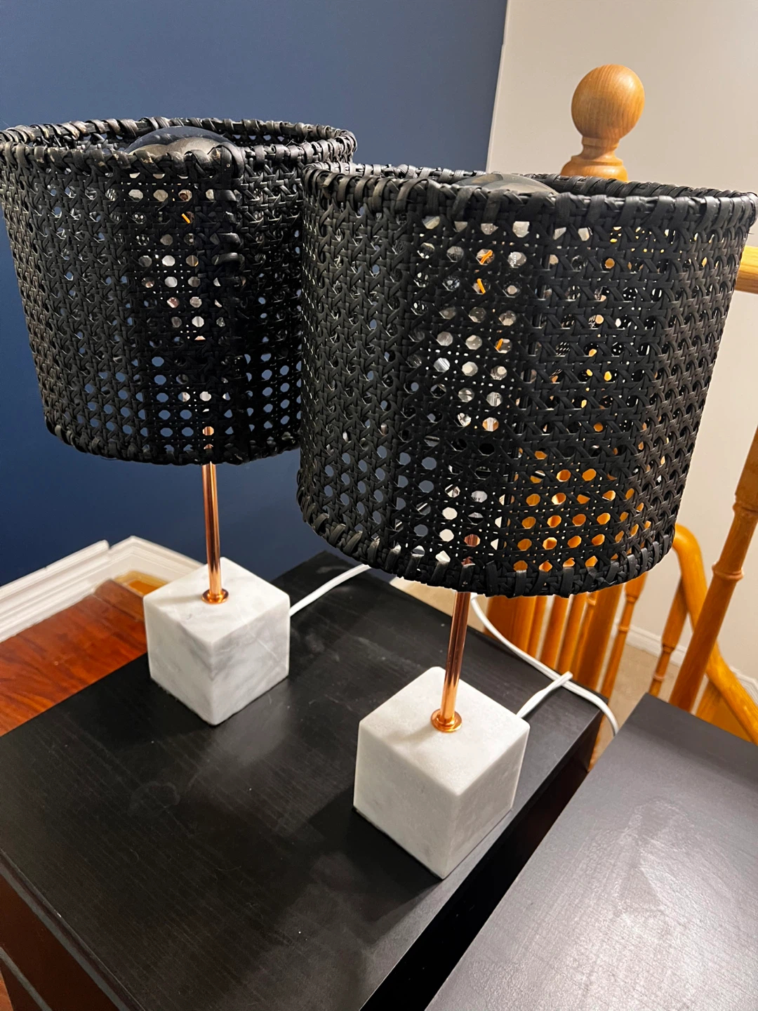 Pair of Black Woven Table Lamps with Marble Base - photo 3