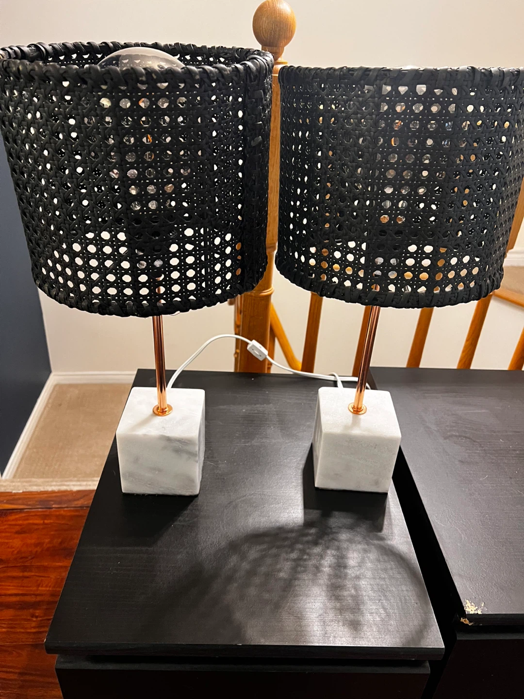 Pair of Black Woven Table Lamps with Marble Base