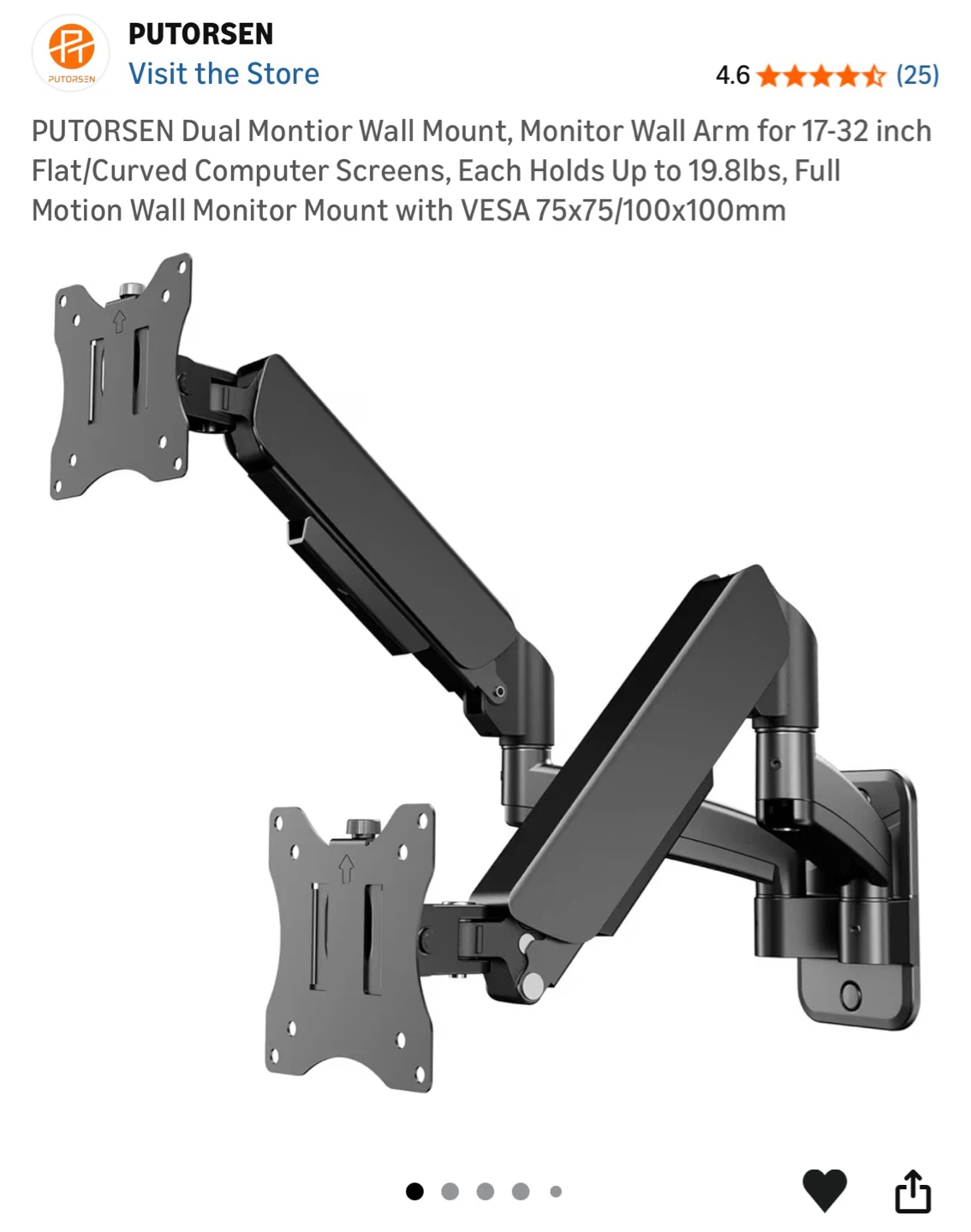 PUTORSEN Counterbalance Monitor Wall Mount for 17"-32" Screens