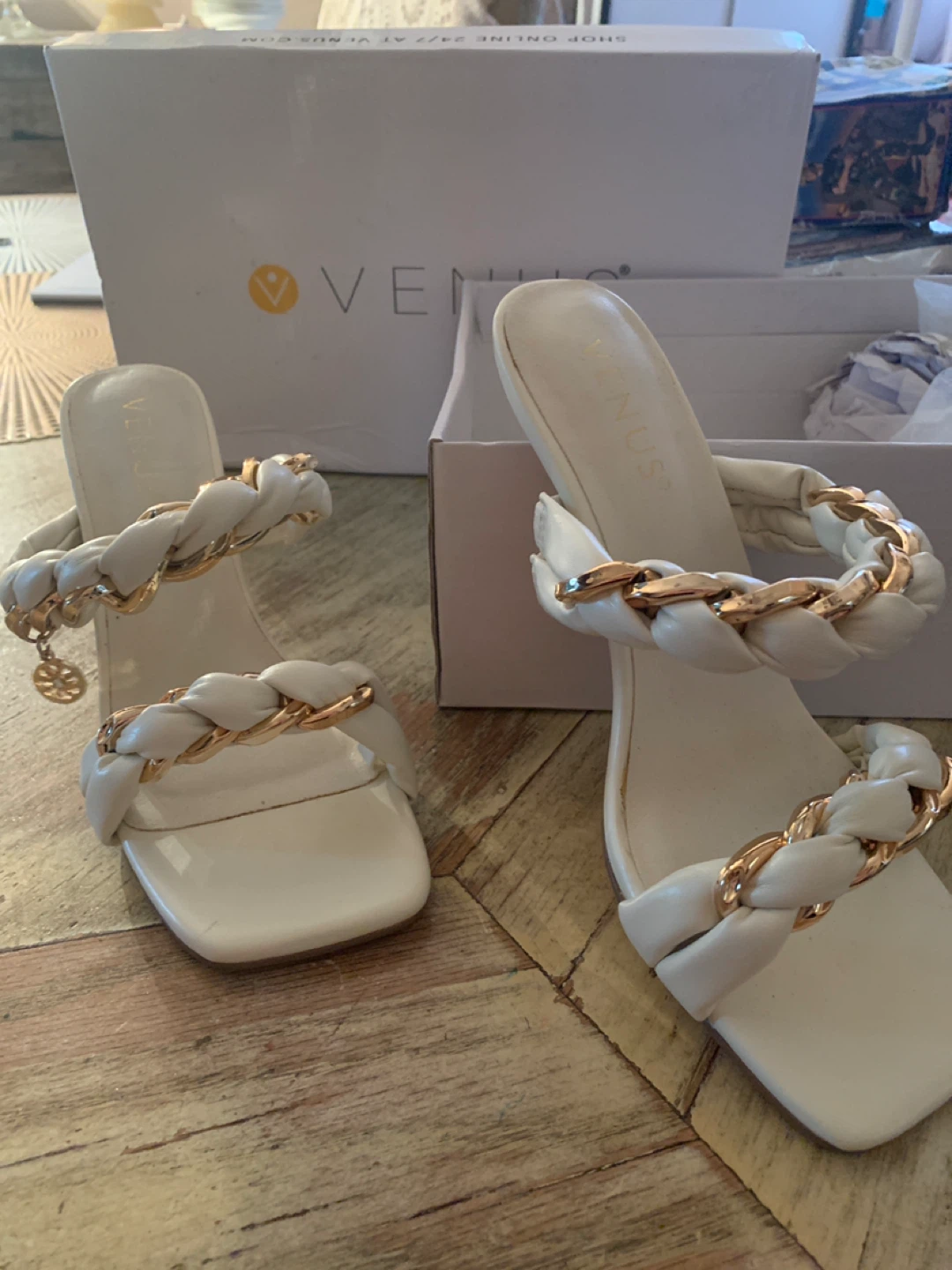 Venus White Braided Chain Heeled Mules Women's Size 7 - photo 5