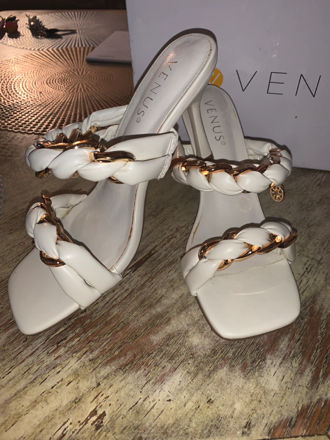 Venus White Braided Chain Heeled Mules Women's Size 7