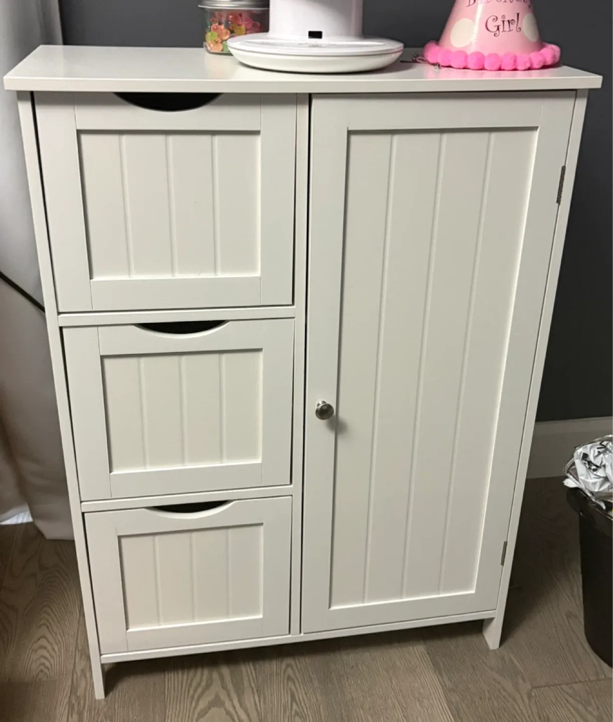 White Storage Cabinet with Drawers and Door