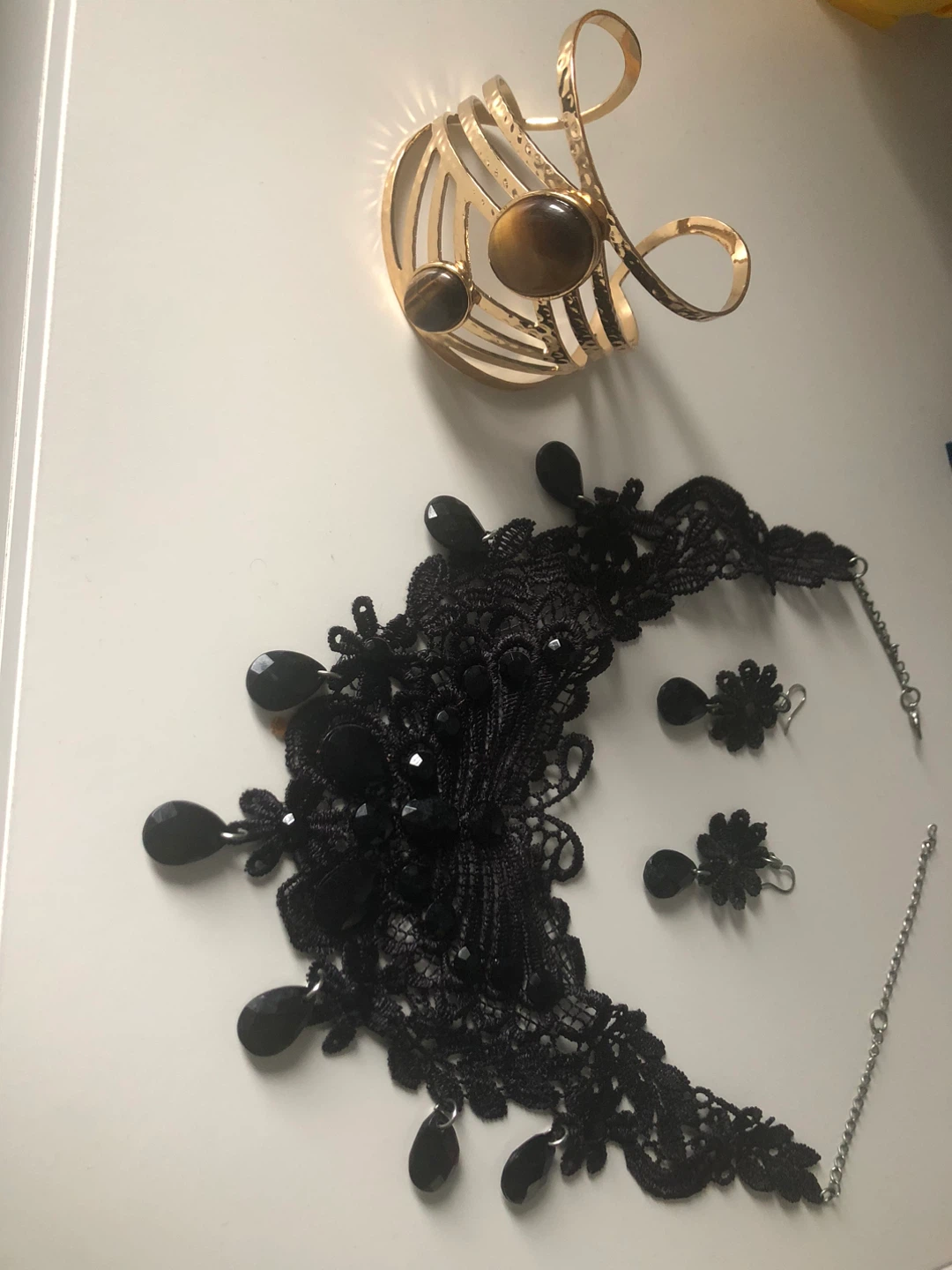 Gold cuff bracelet and black lace choker with earrings set
