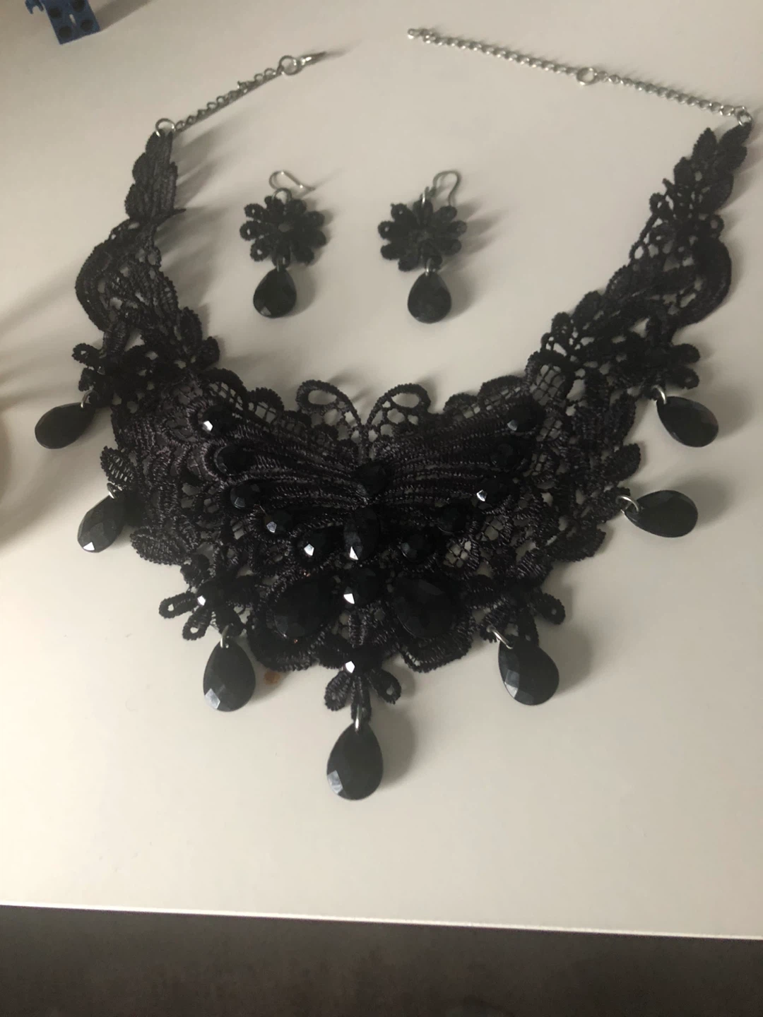 Gold cuff bracelet and black lace choker with earrings set - photo 3
