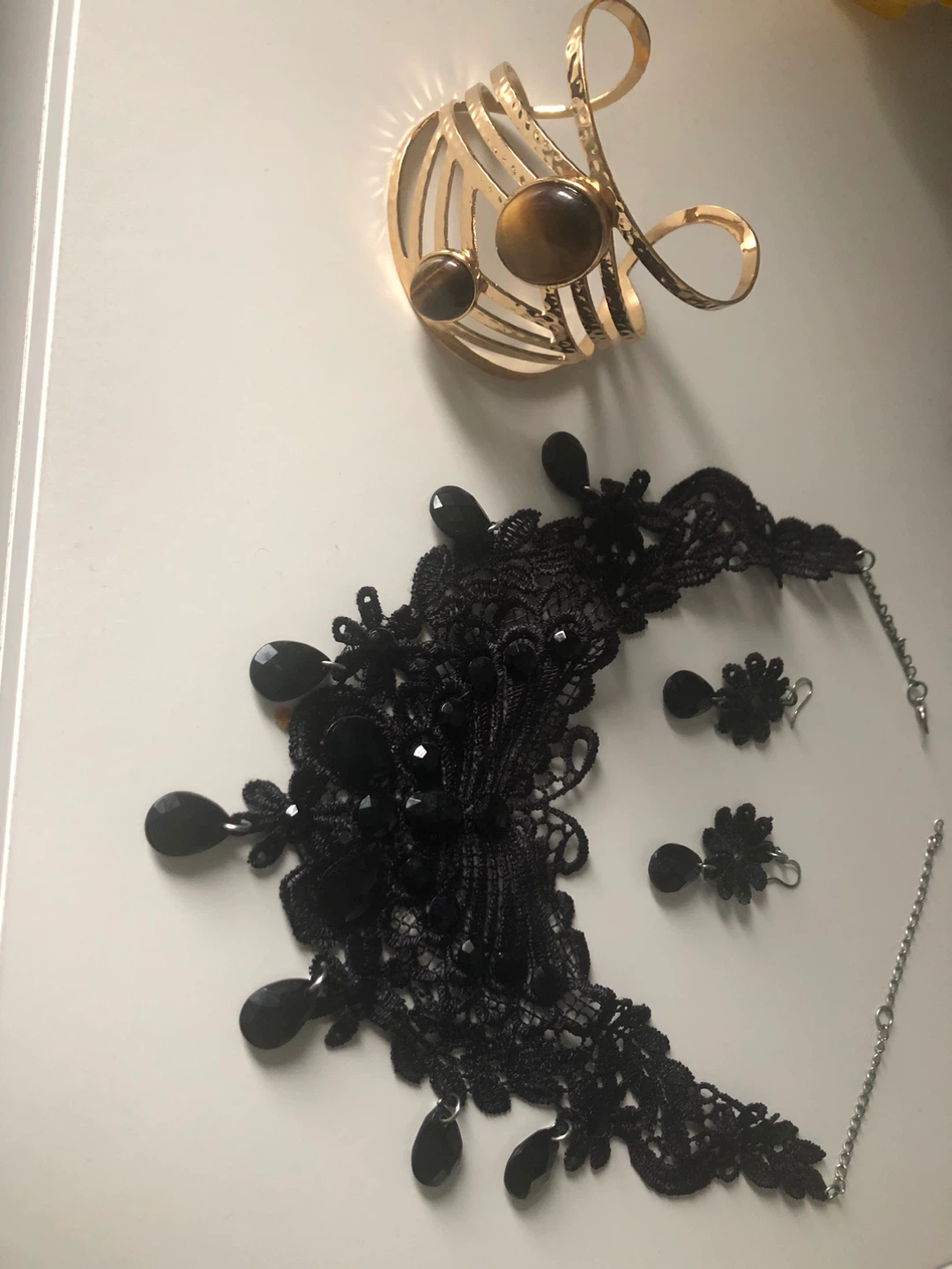 Gold cuff bracelet and black lace choker with earrings set - photo 2