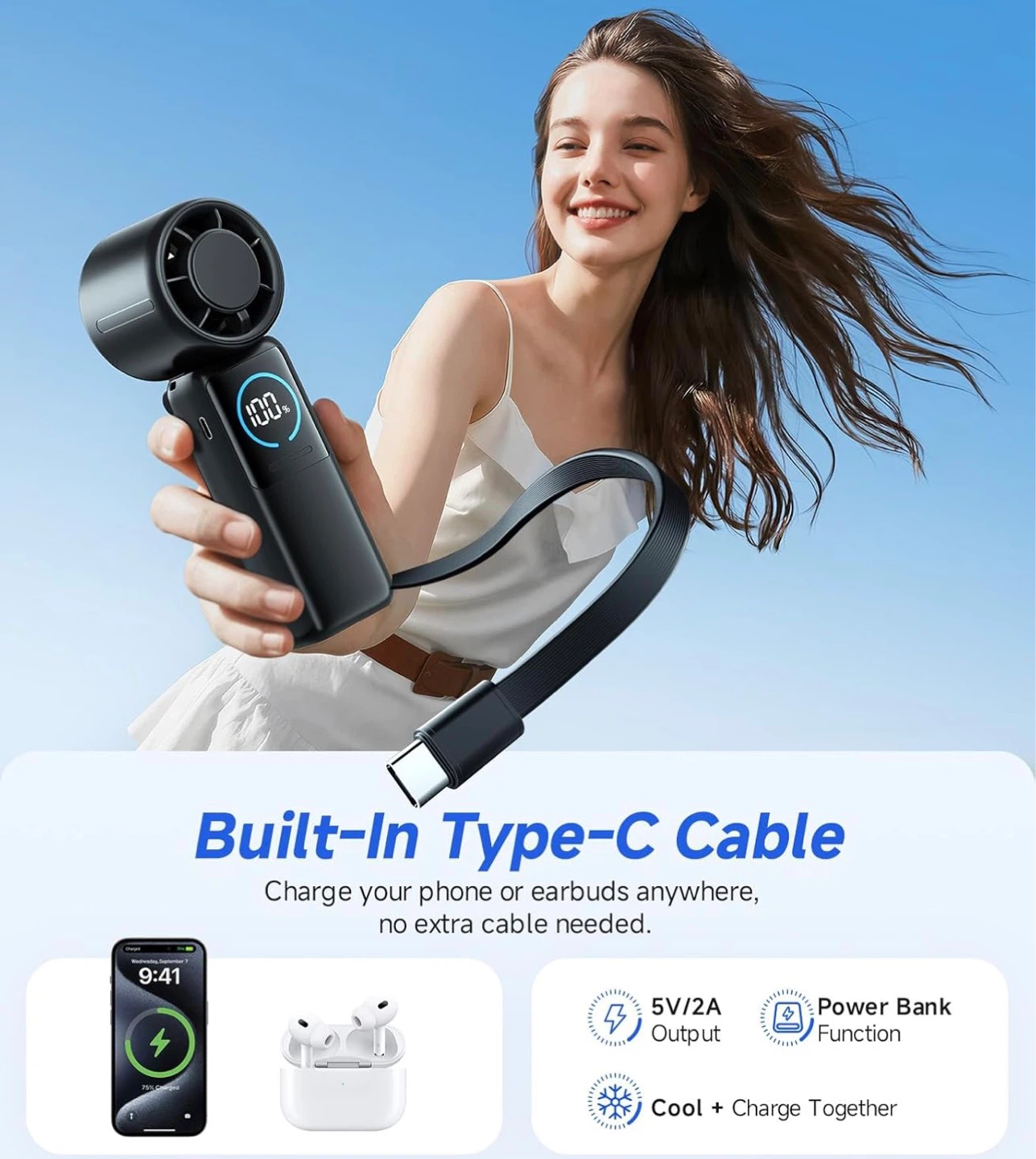 Portable Bladeless Fan with Built-in Type-C Cable - photo 3