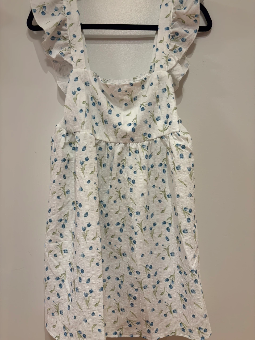 White Blue Floral Ruffle Mini Dress with Back Bow