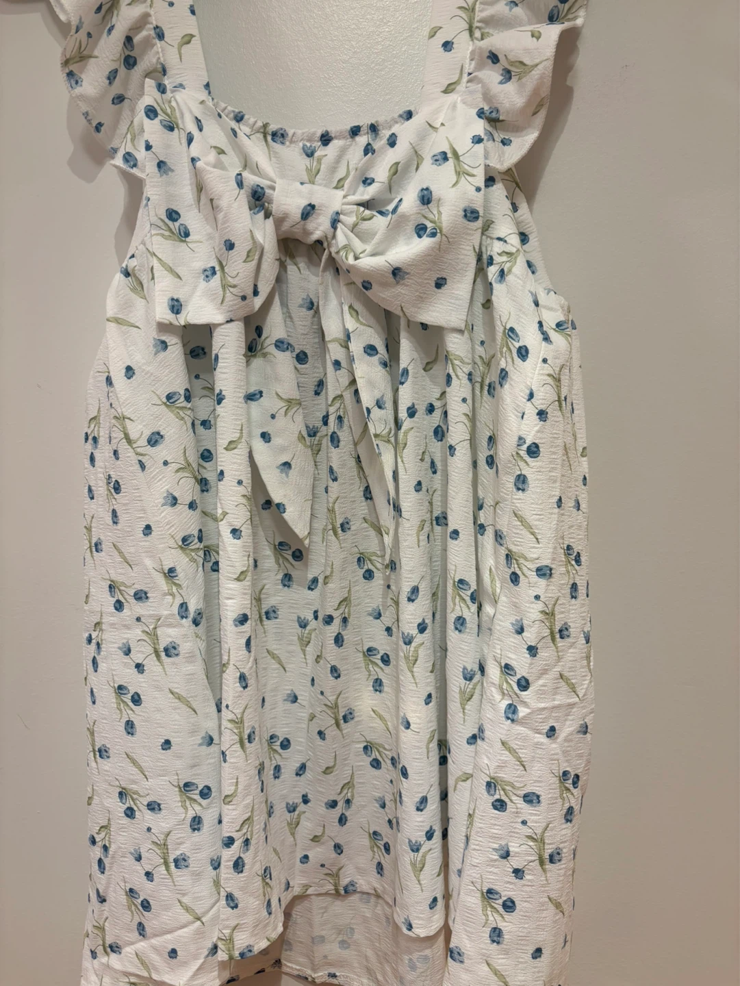 White Blue Floral Ruffle Mini Dress with Back Bow - photo 2