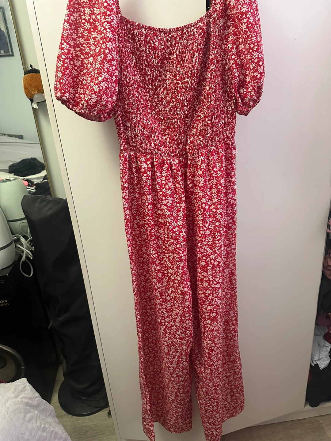 Red Floral Smocked Jumpsuit