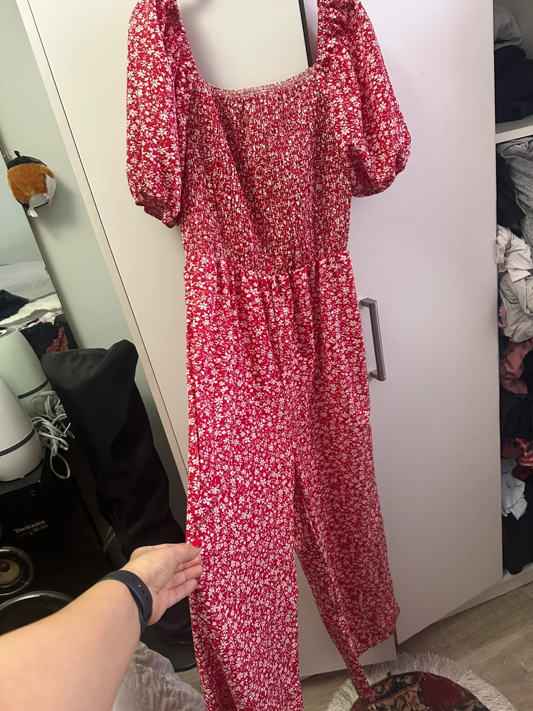 Red Floral Smocked Jumpsuit - photo 2