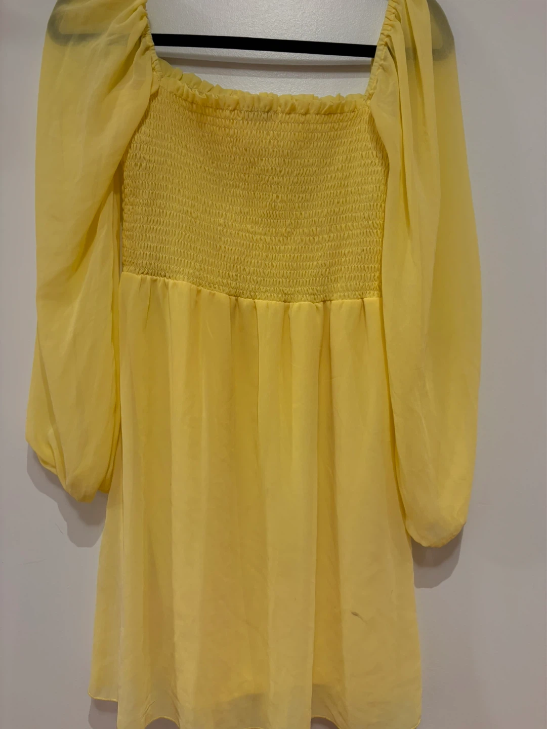 Pale Yellow Smocked Chiffon Long Sleeve Mini Dress - photo 3