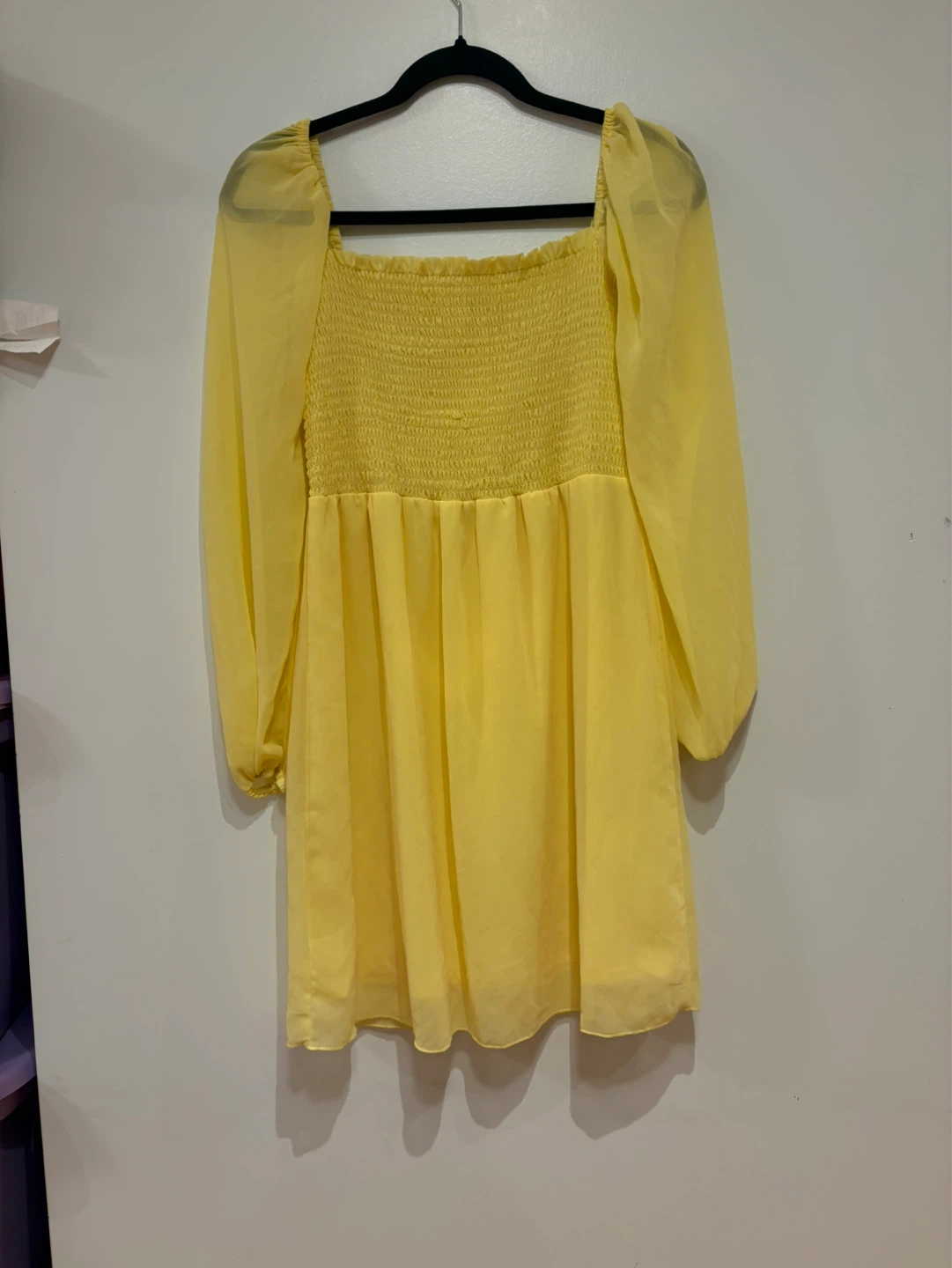 Pale Yellow Smocked Chiffon Long Sleeve Mini Dress