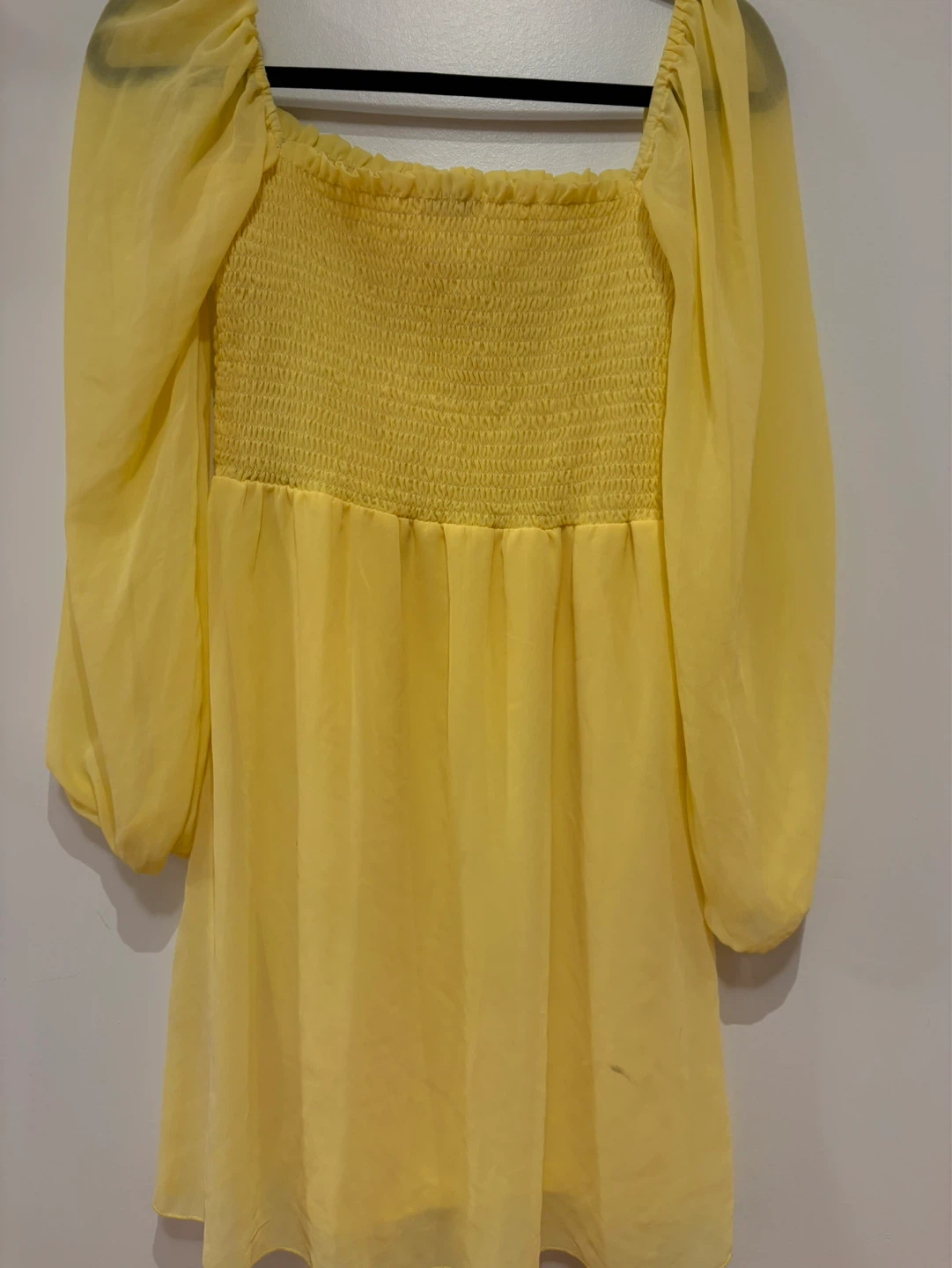 Pale Yellow Smocked Chiffon Long Sleeve Mini Dress - photo 5