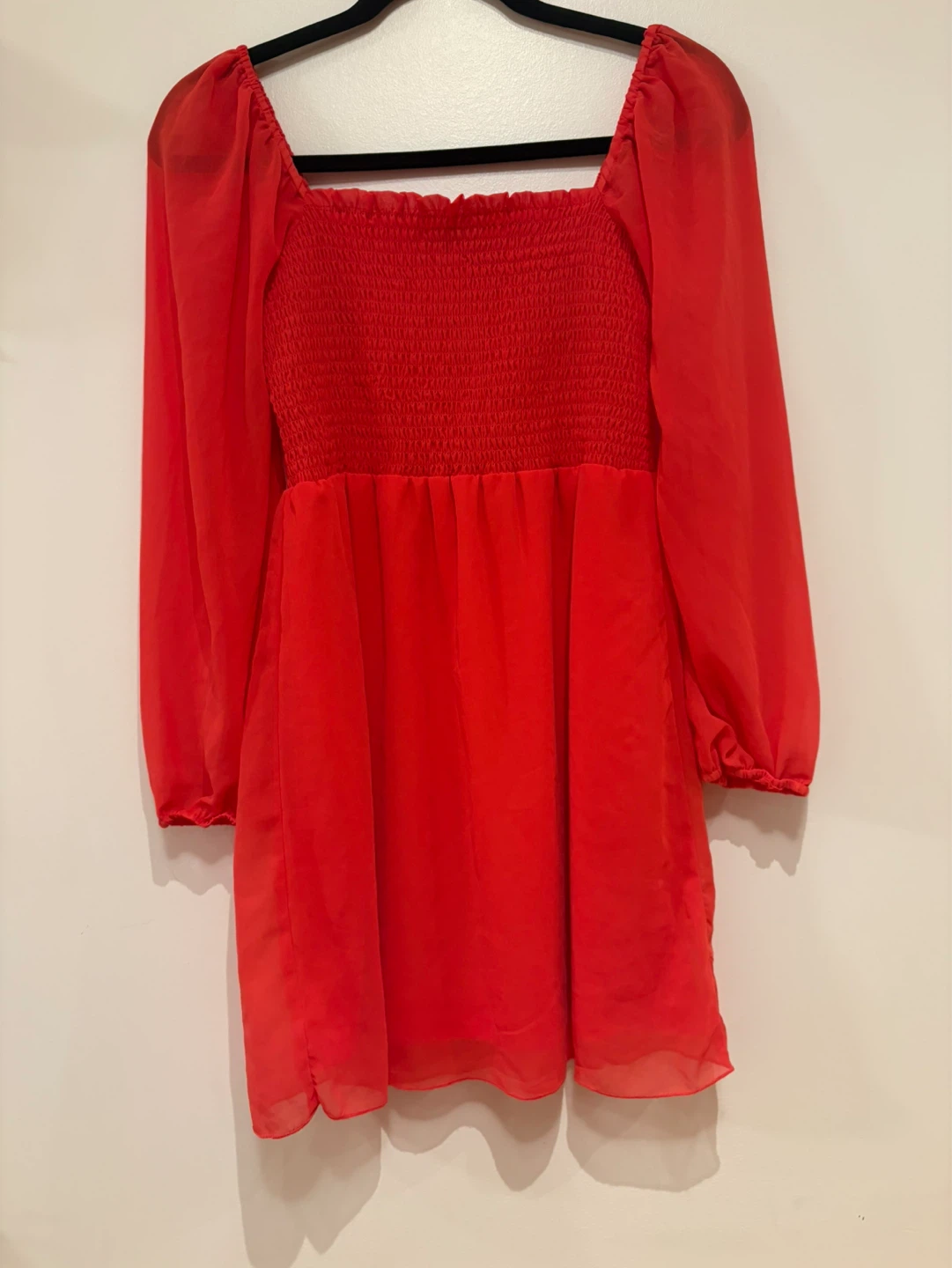Red Smocked Chiffon Long Sleeve Mini Dress