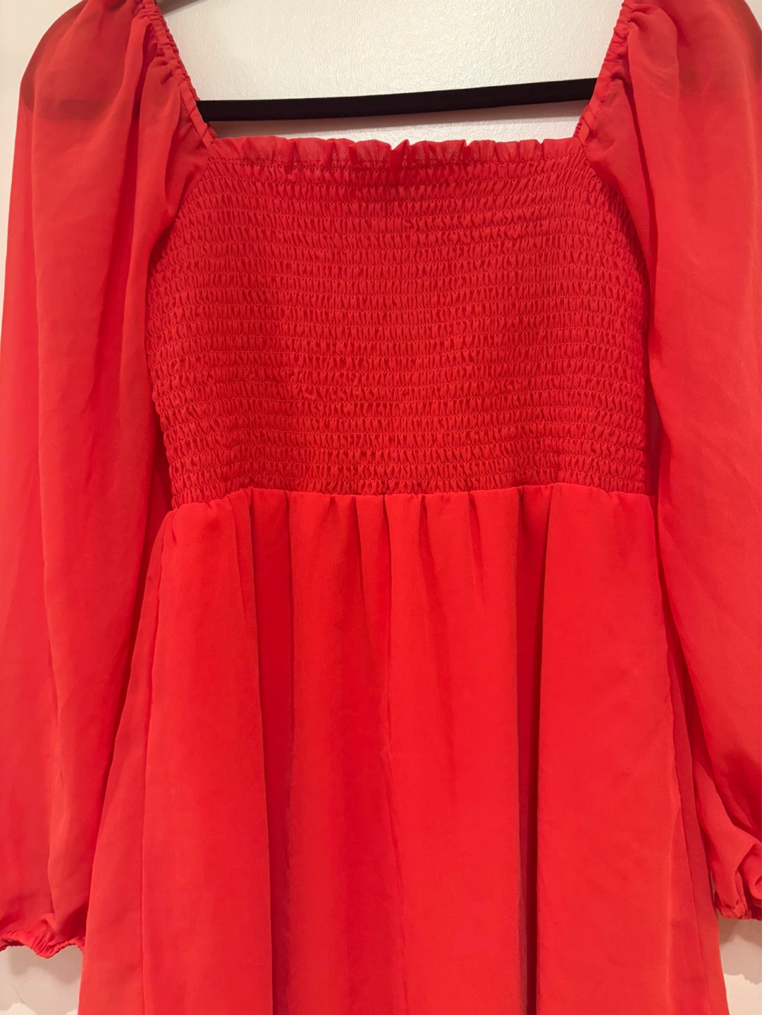 Red Smocked Chiffon Long Sleeve Mini Dress - photo 4