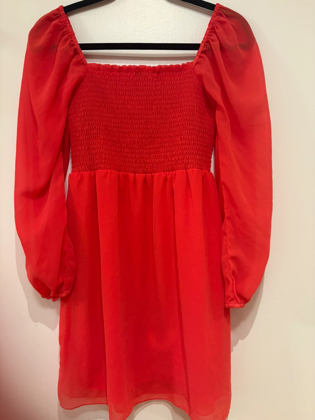 Red Smocked Chiffon Long Sleeve Mini Dress - photo 2