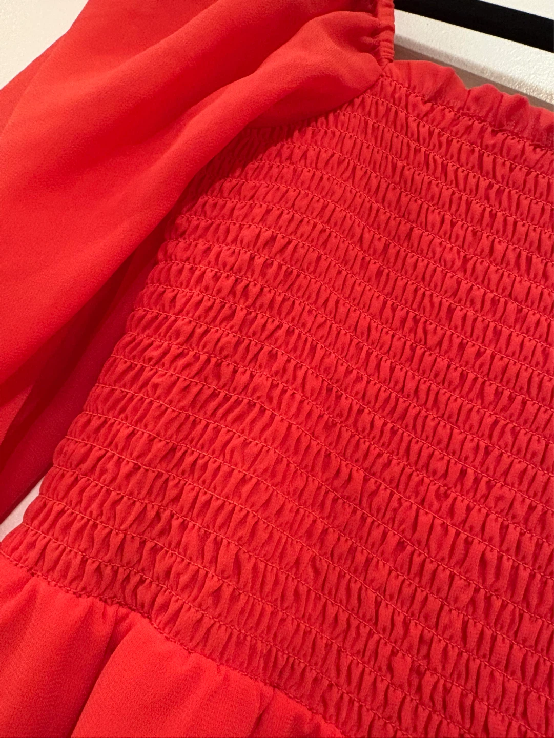 Red Smocked Chiffon Long Sleeve Mini Dress - photo 3