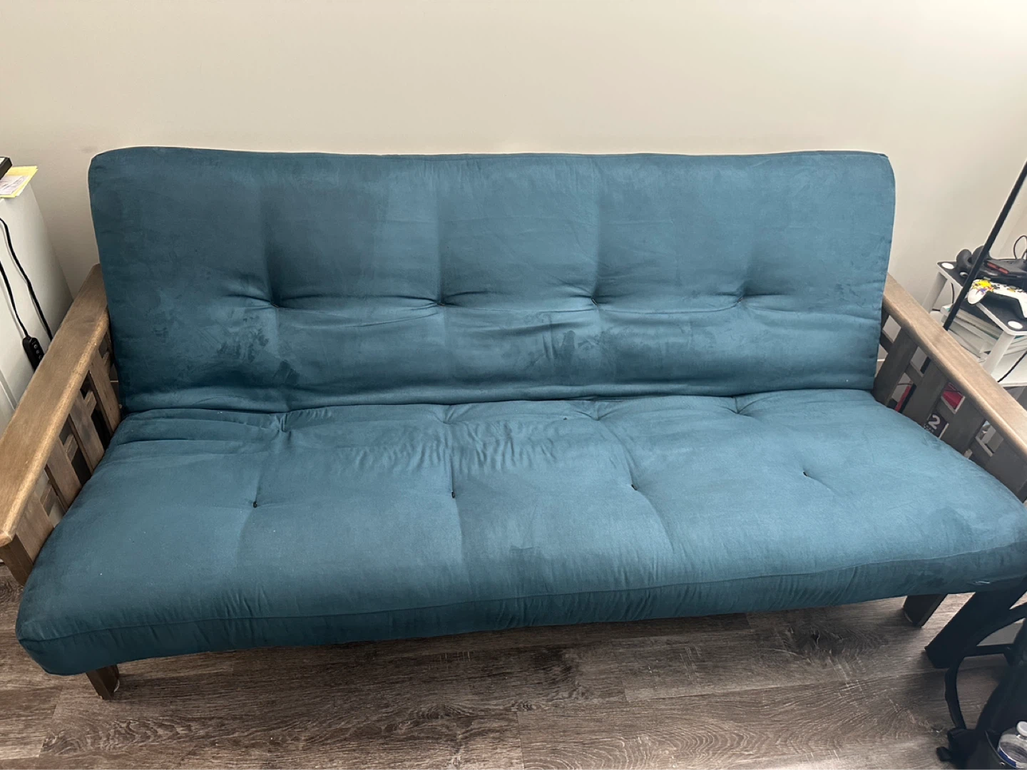 Full-Size Futon Sofa Bed / Sleeper Sofa – Teal Blue Wood Frame