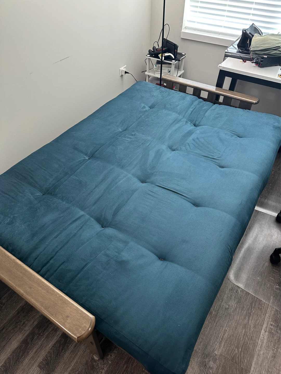Full-Size Futon Sofa Bed / Sleeper Sofa – Teal Blue Wood Frame - photo 2