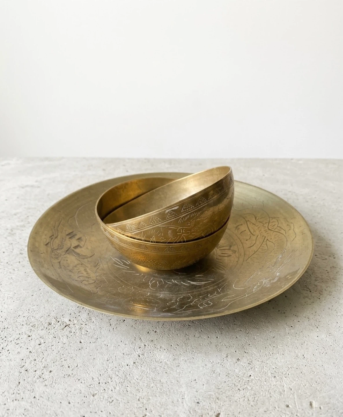 Brass Dragon Engraved Bowl and Plate Set