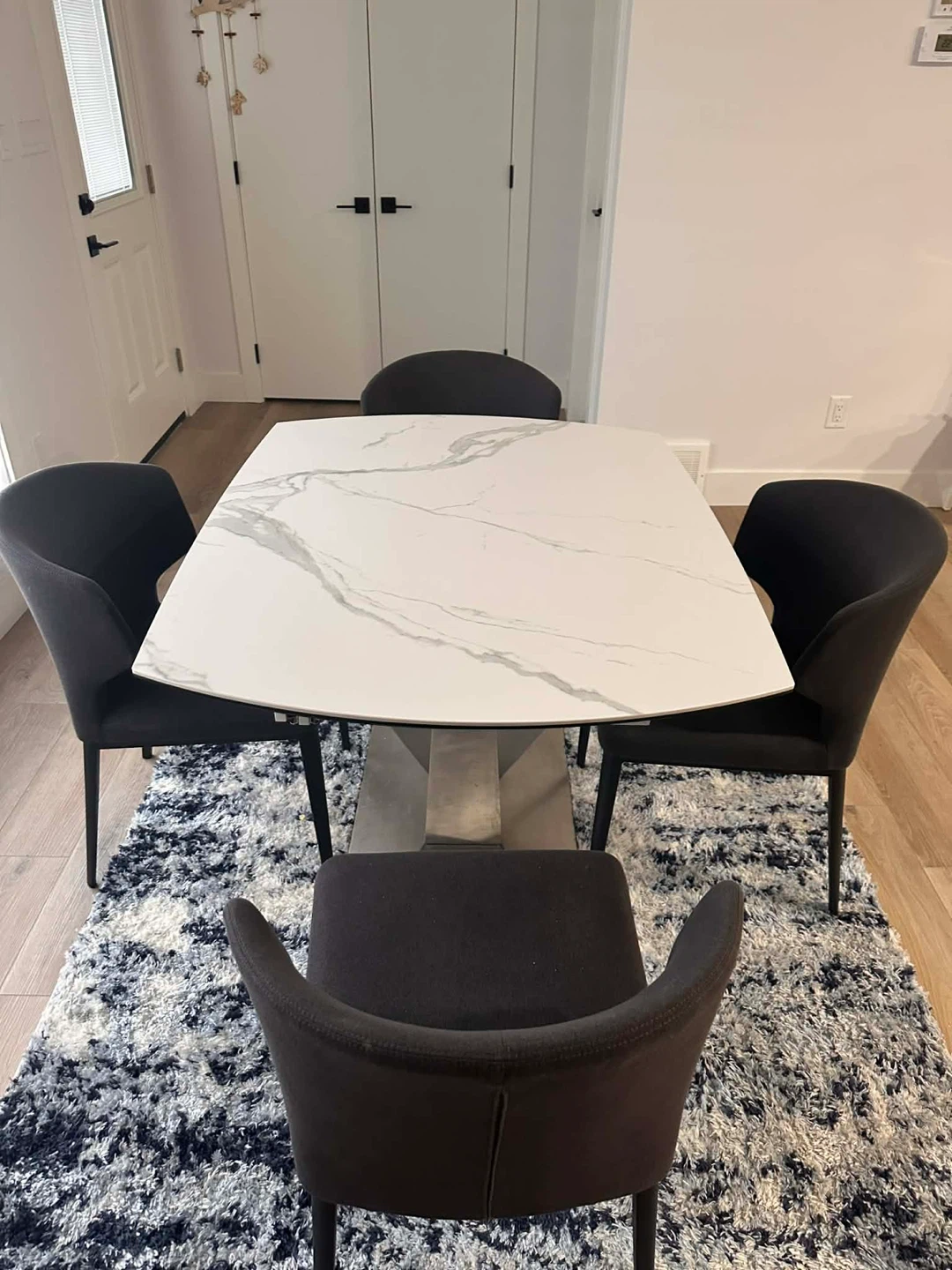 Modern Dining Set - White Marble Top Table & 4 Grey Chairs