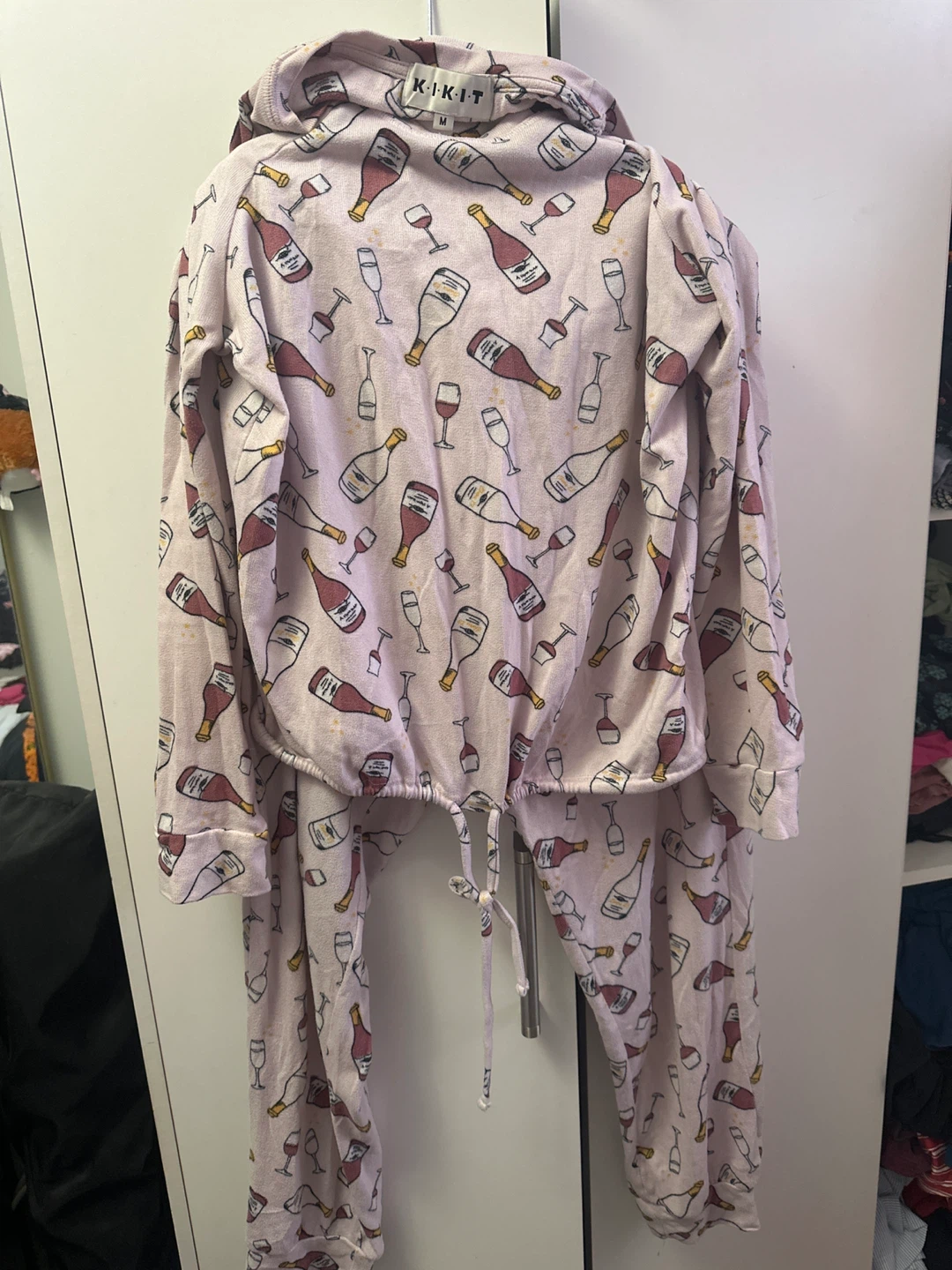KIKIT Pink Wine Bottle Print Pajama Set - Size Medium