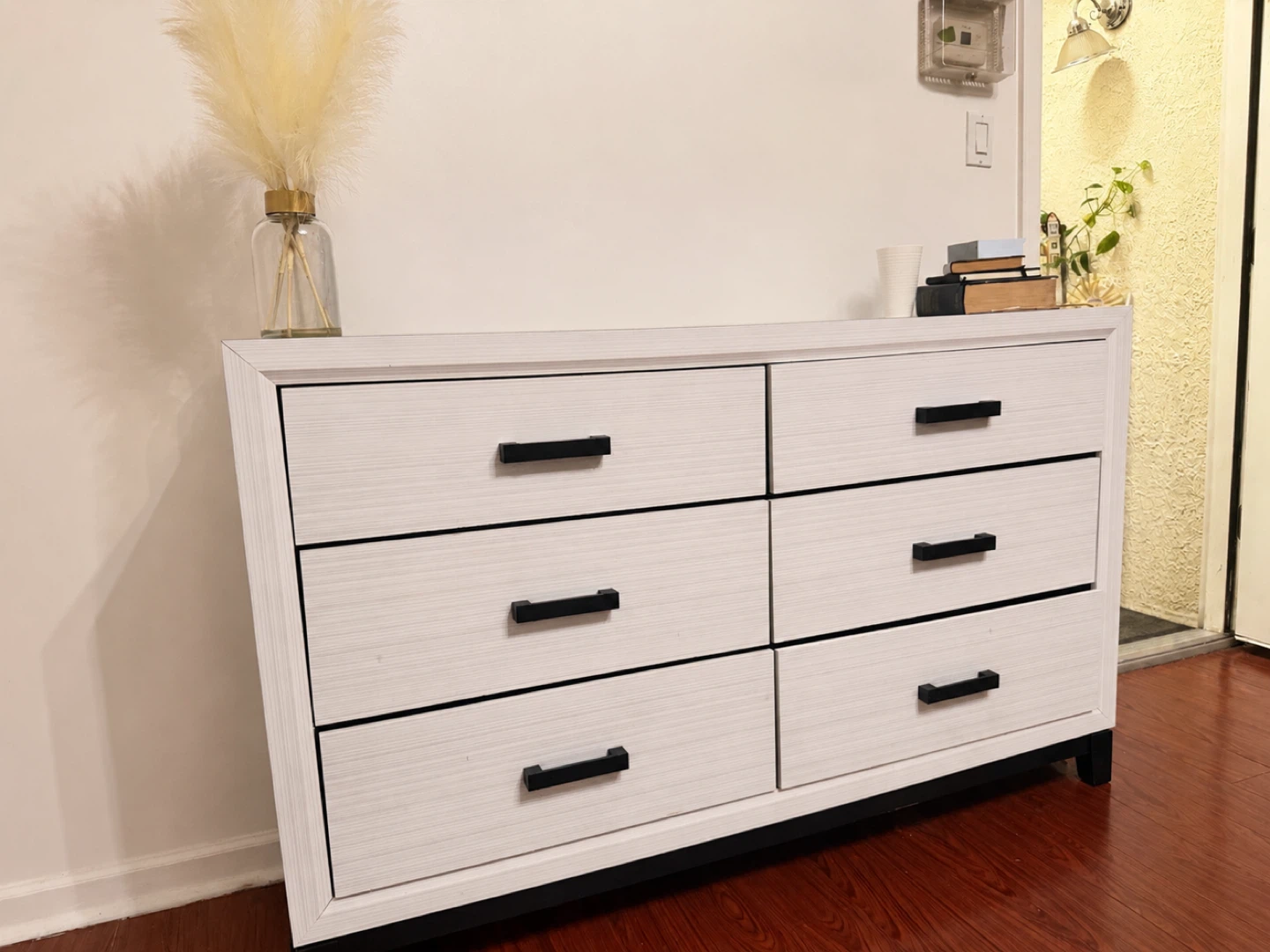 White 6-Drawer Dresser with Black Handles