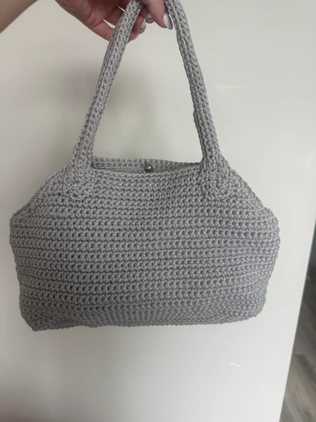 Grey Crocheted Handbag with Snap Closure