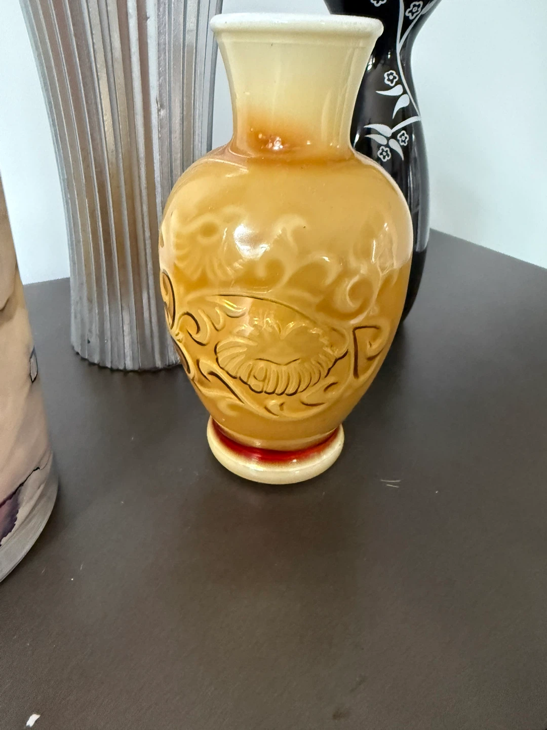Amber glass vase with embossed design