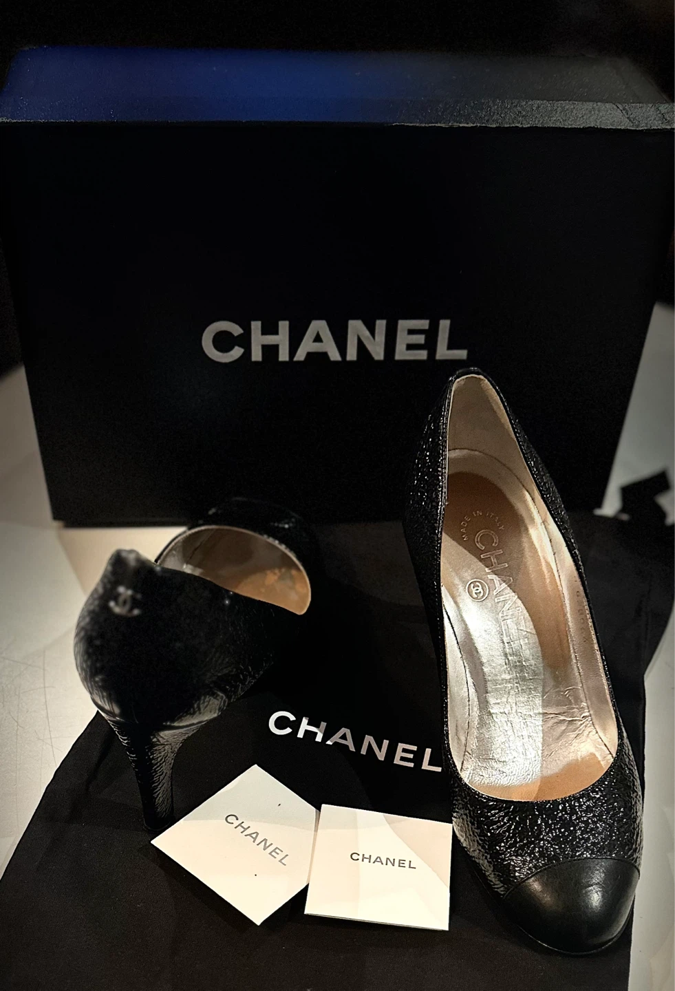 CHANEL Black Patent Leather Cap Toe Heels
