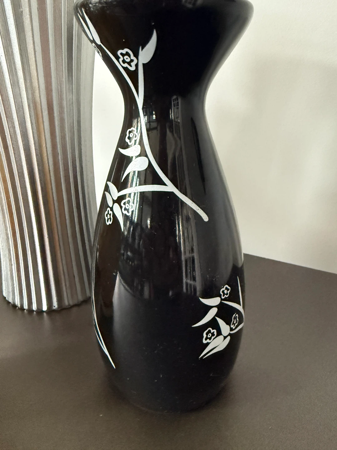 Black Vase with White Floral Design