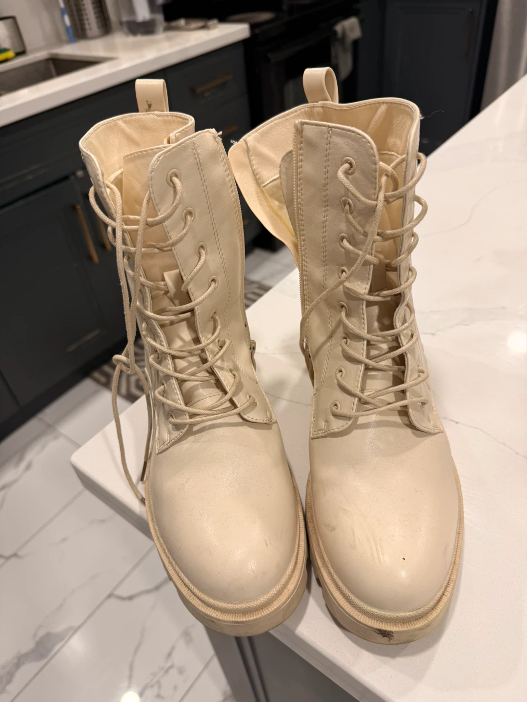 Cream Lace-up Combat Boots - Size 10