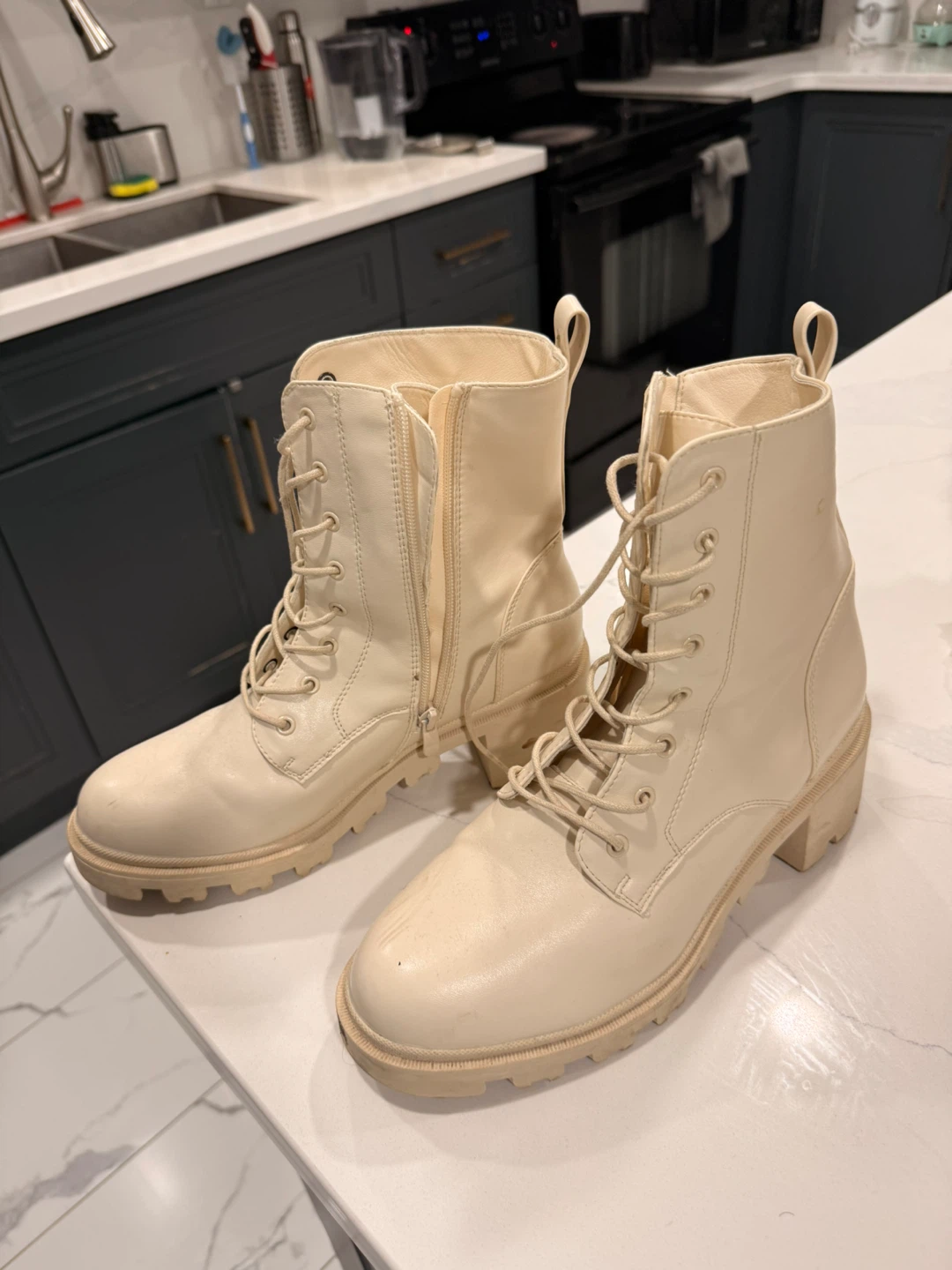 Cream Lace-up Combat Boots - Size 10 - photo 2