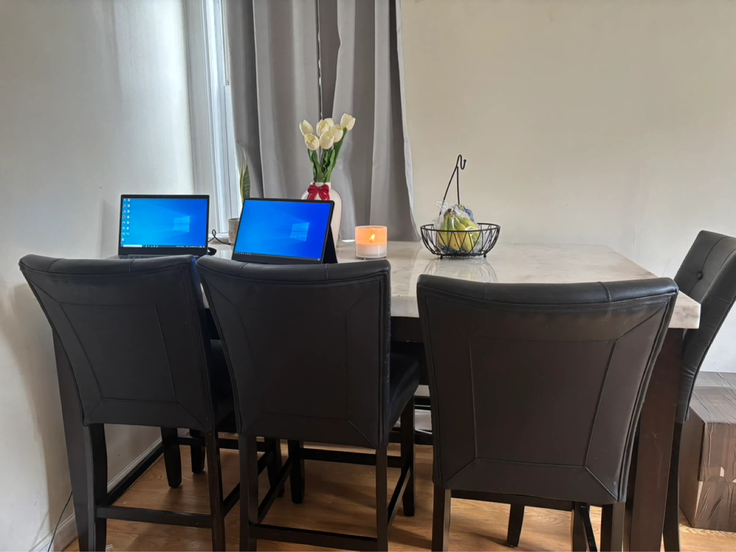 Dining Table with Marble-Look Top and Dark Wood Base - photo 2