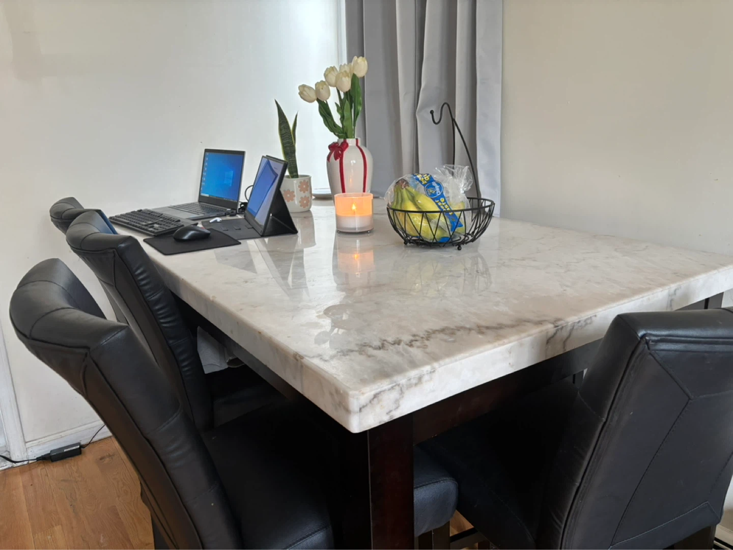 Dining Table with Marble-Look Top and Dark Wood Base - photo 3