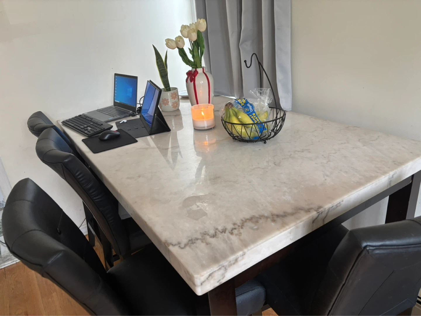 Dining Table with Marble-Look Top and Dark Wood Base