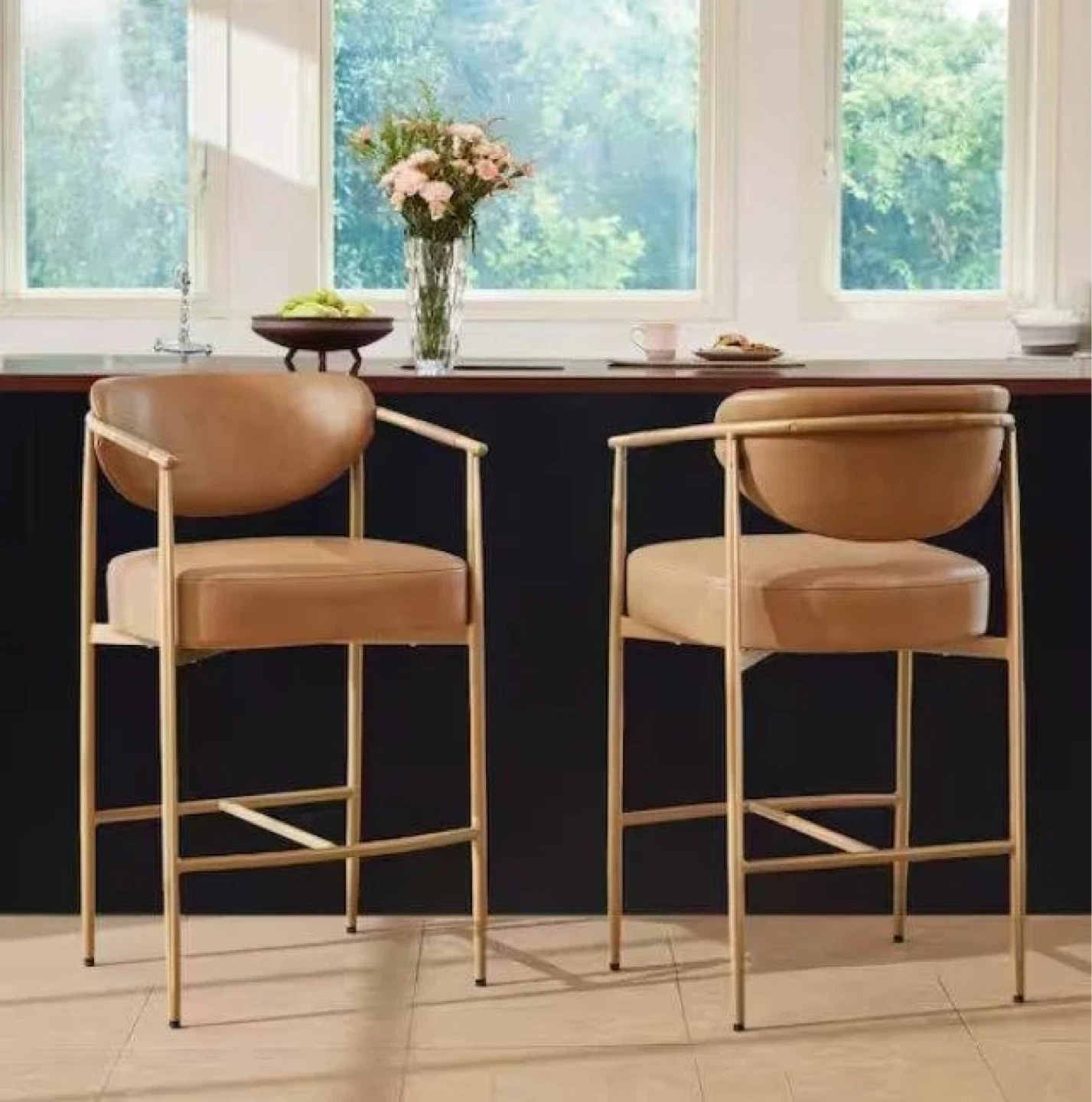 Set of 3 Cream Faux Leather Swivel Bar Stools