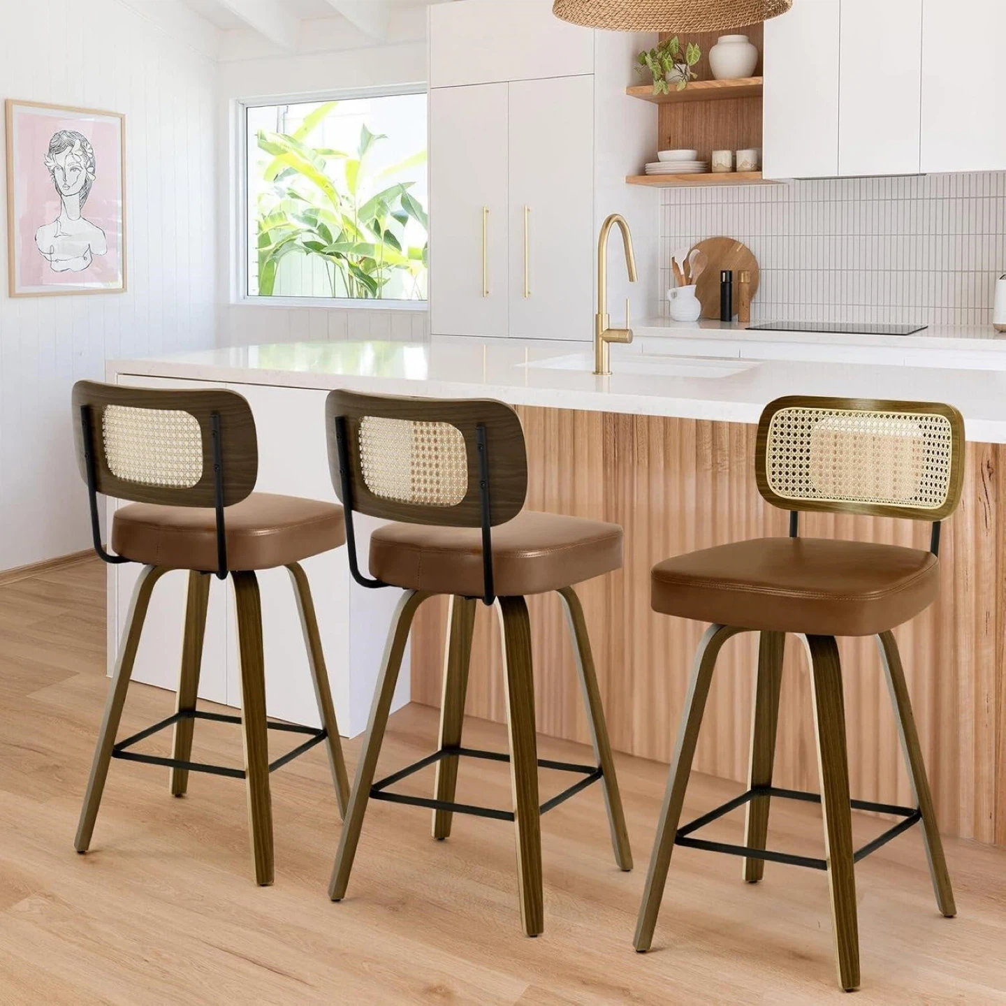 Set of 3 Cream Faux Leather Swivel Bar Stools - photo 3