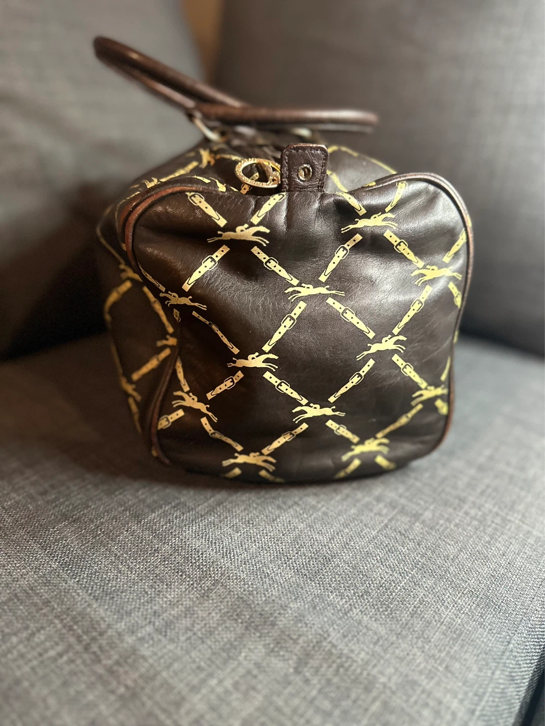 Longchamp Paris Leather Duffle Bag - Brown with Yellow Pattern - photo 5