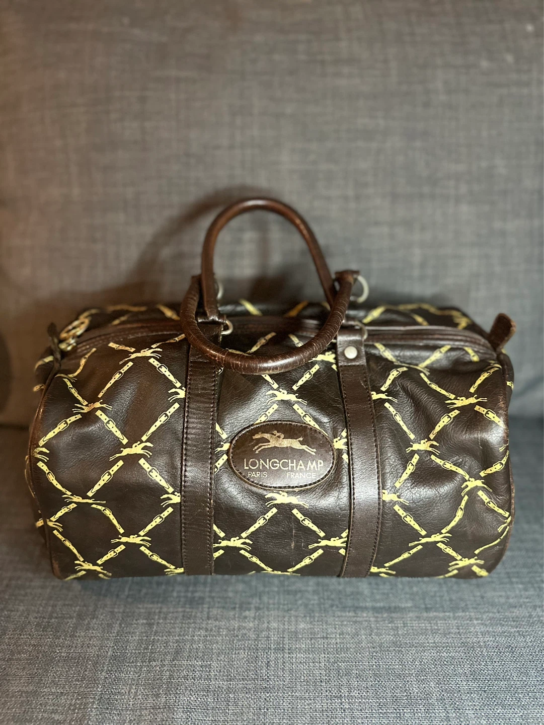 Longchamp Paris Leather Duffle Bag - Brown with Yellow Pattern
