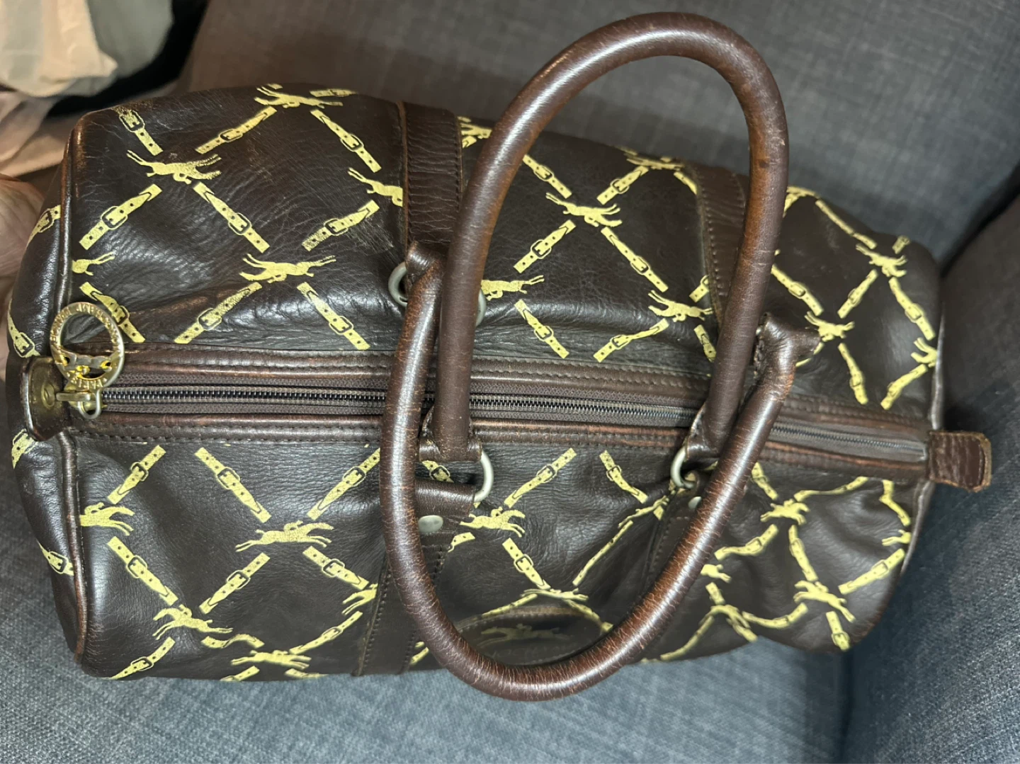 Longchamp Paris Leather Duffle Bag - Brown with Yellow Pattern - photo 2