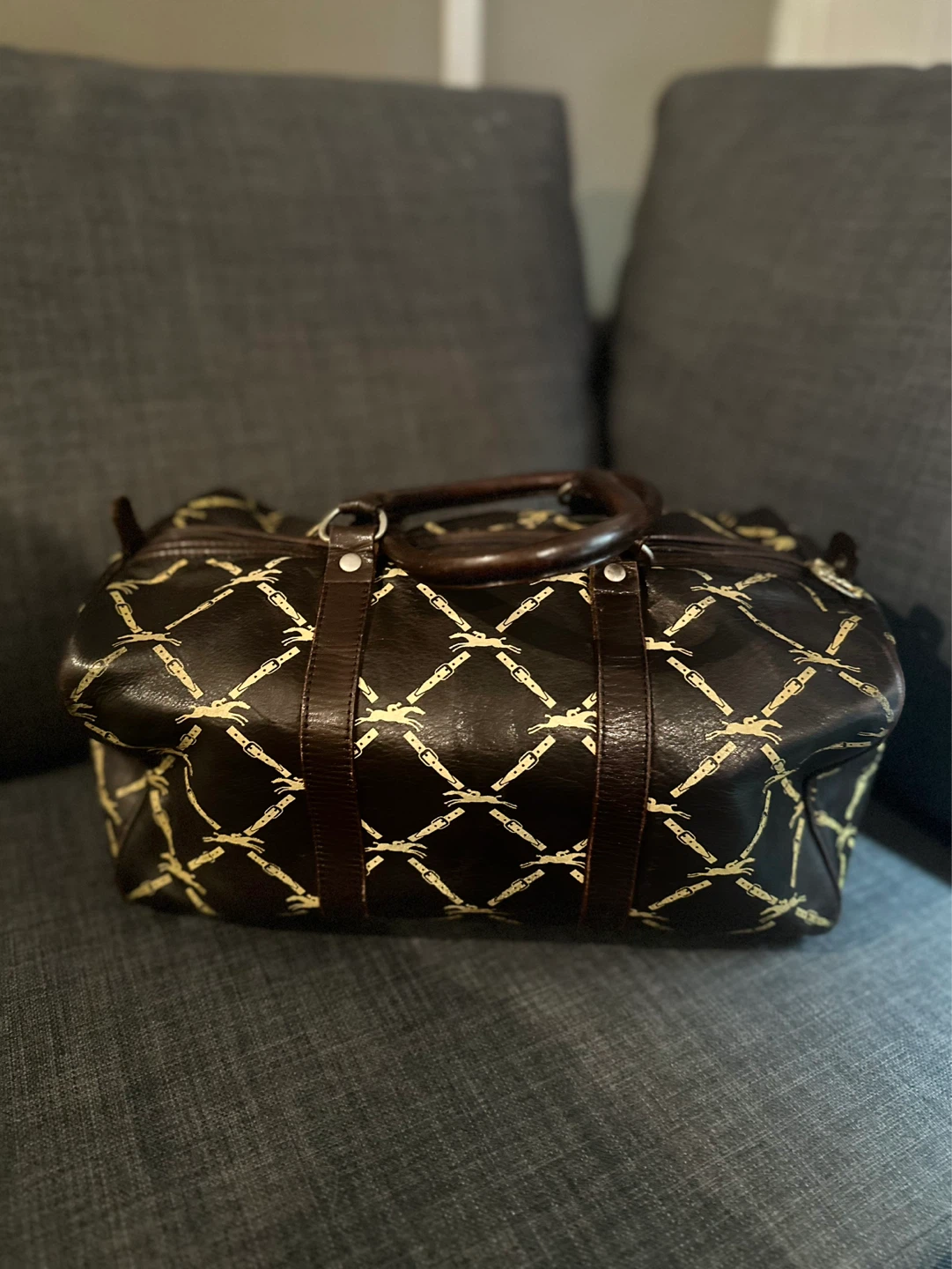 Longchamp Paris Leather Duffle Bag - Brown with Yellow Pattern - photo 4