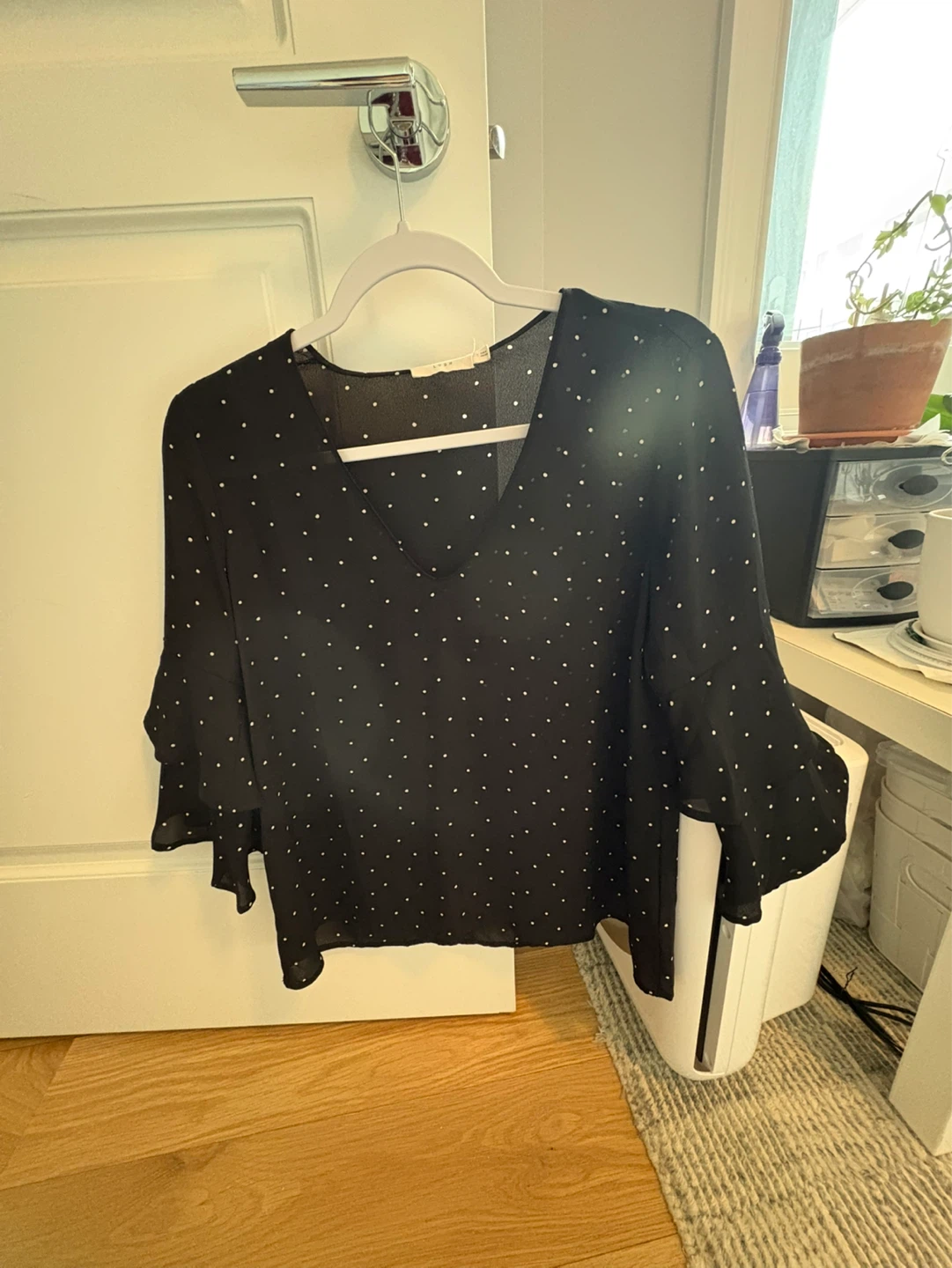 Lush Black & White Polka Dot Bell Sleeve Top