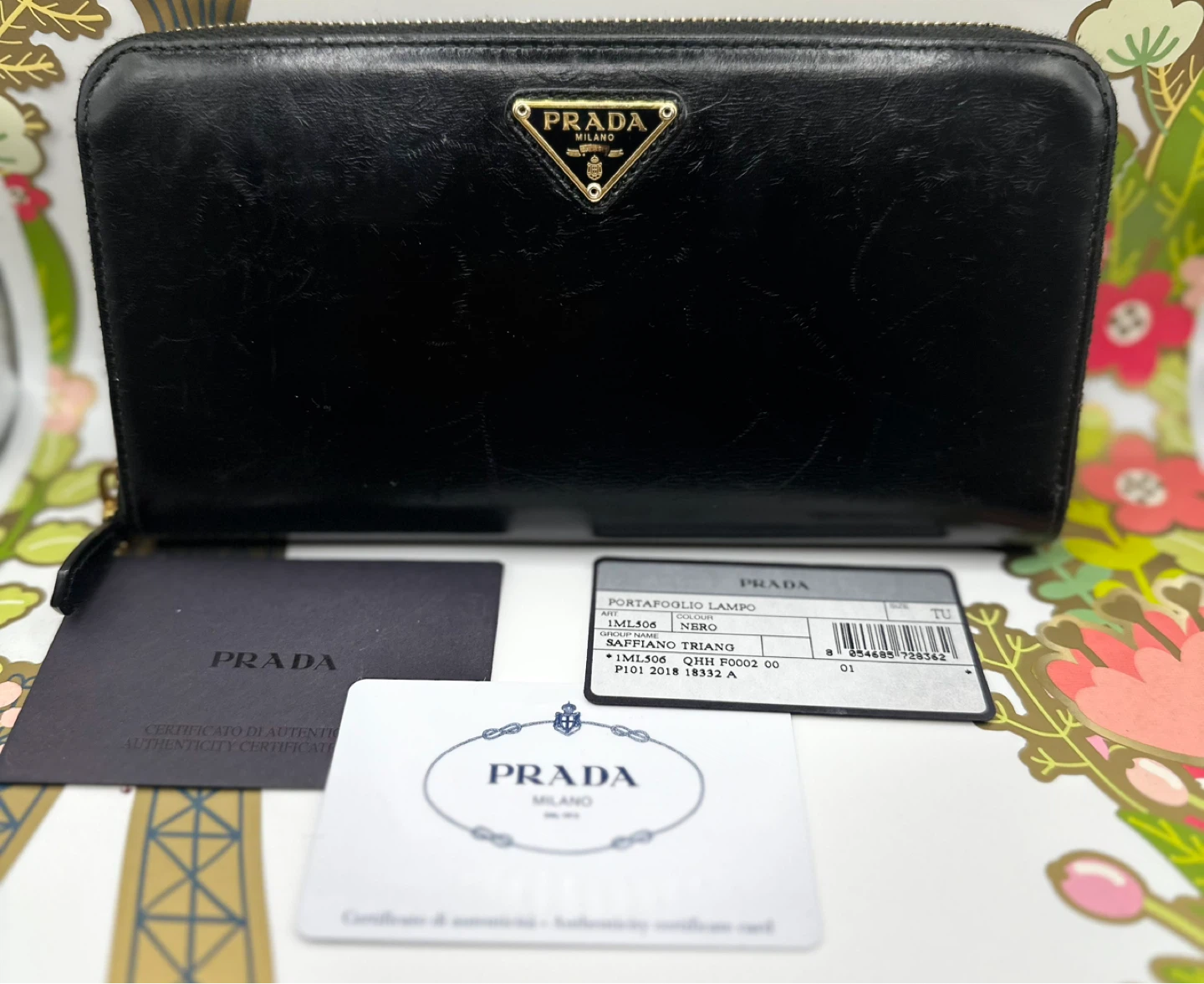 Prada Black Saffiano Leather Zip Around Wallet